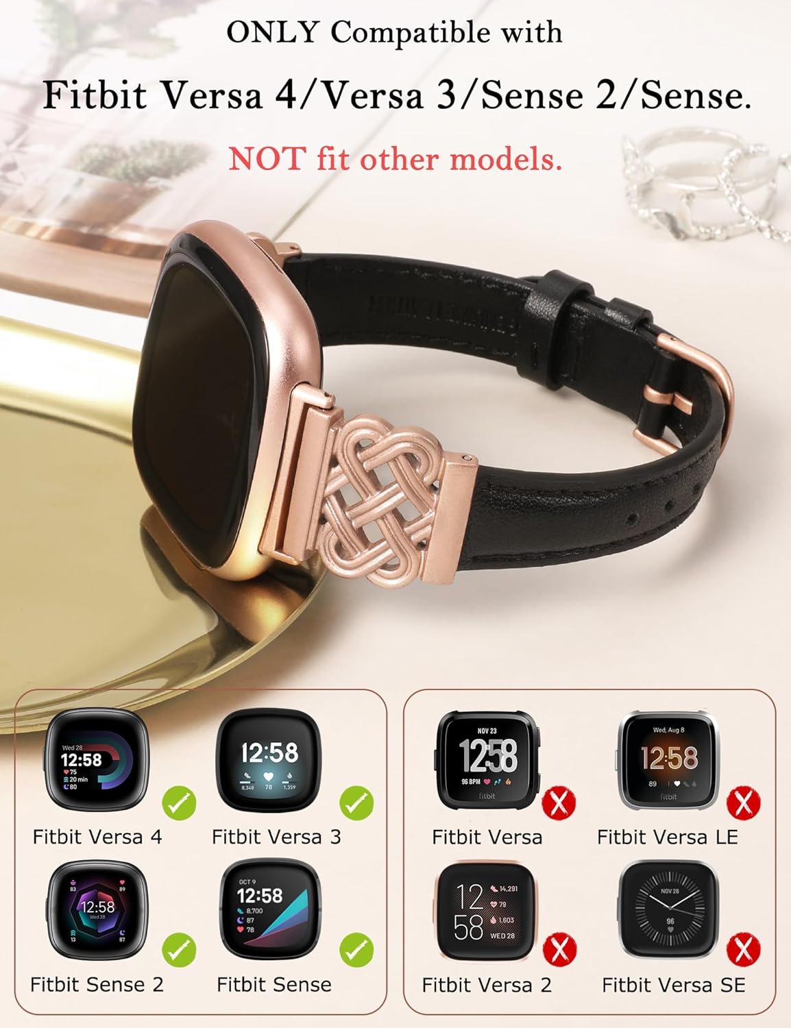 TOYOUTHS Celtic Knot Leather Band Compatible with Fitbit Versa 4/Versa 3/Fitbit Sense 2/Sense Band Women, Slim Dressy Thin Fashion Designer Premium Leather Strap for Versa 3 4 Sense 2 Smartwatch