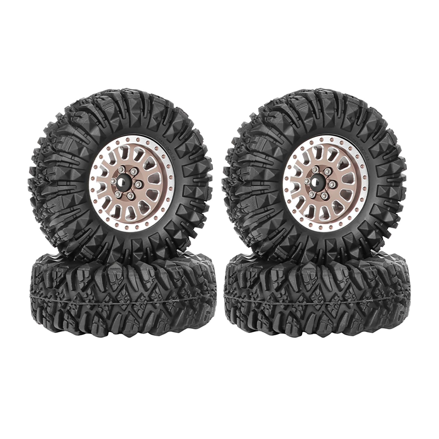 KINGCOO 4PCS 1.33" Aluminum Alloy Beadlock Wheel Rims All-Terrain Tyre 70mm Rubber Tires Set with 5mm & 7mm Hex for 1/12 1/14 1/18 1/24 RC Rock Crawler Car Upgrade Parts (B-Bronze)
