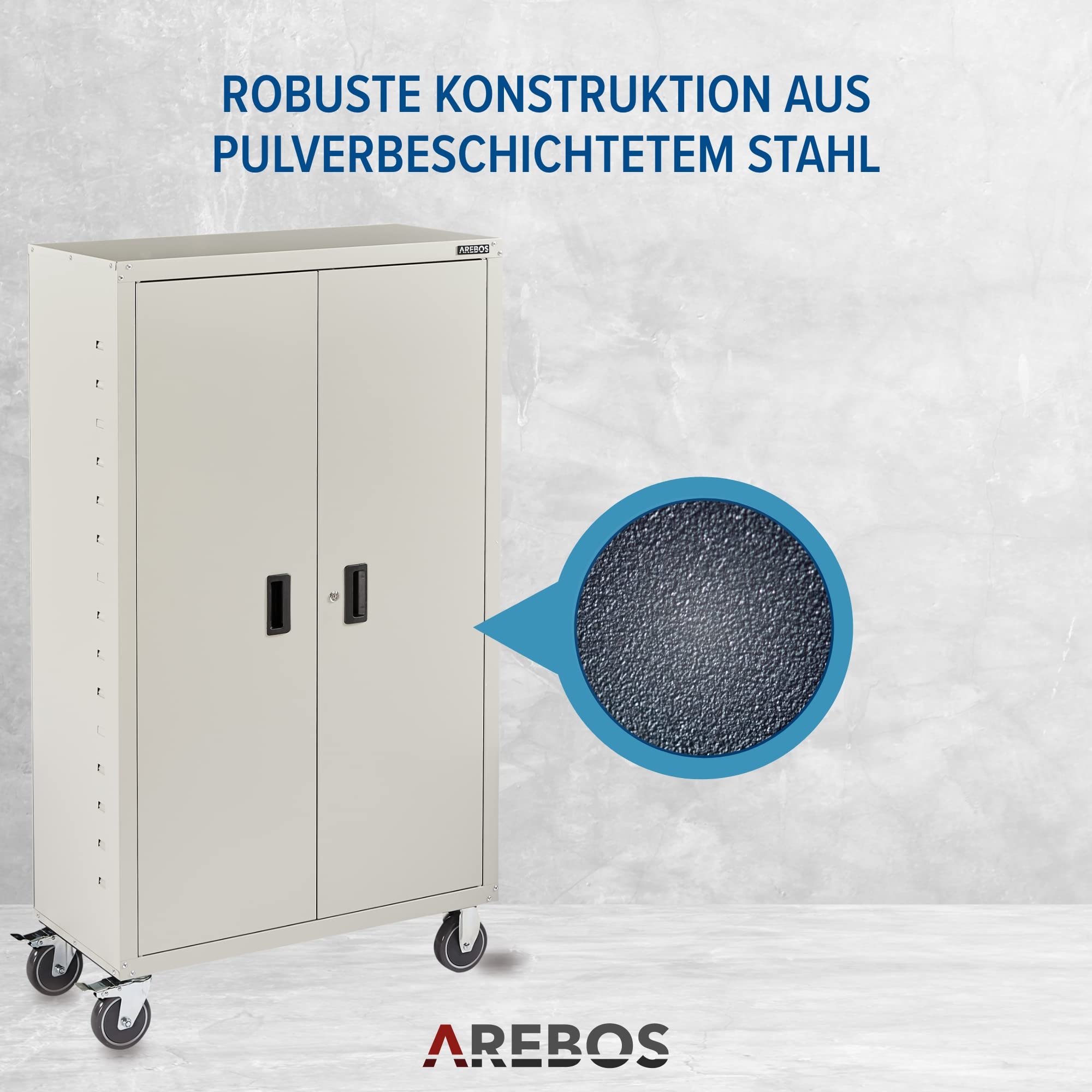 Arebos Aktenschrank | Büroschrank | inkl. 4 Rollen-Set | 155 x 90 x 40 | 2 Türen | mit 3 Höhenverstellbaren Einlegeböden | mit Zylinderschloss | Grau