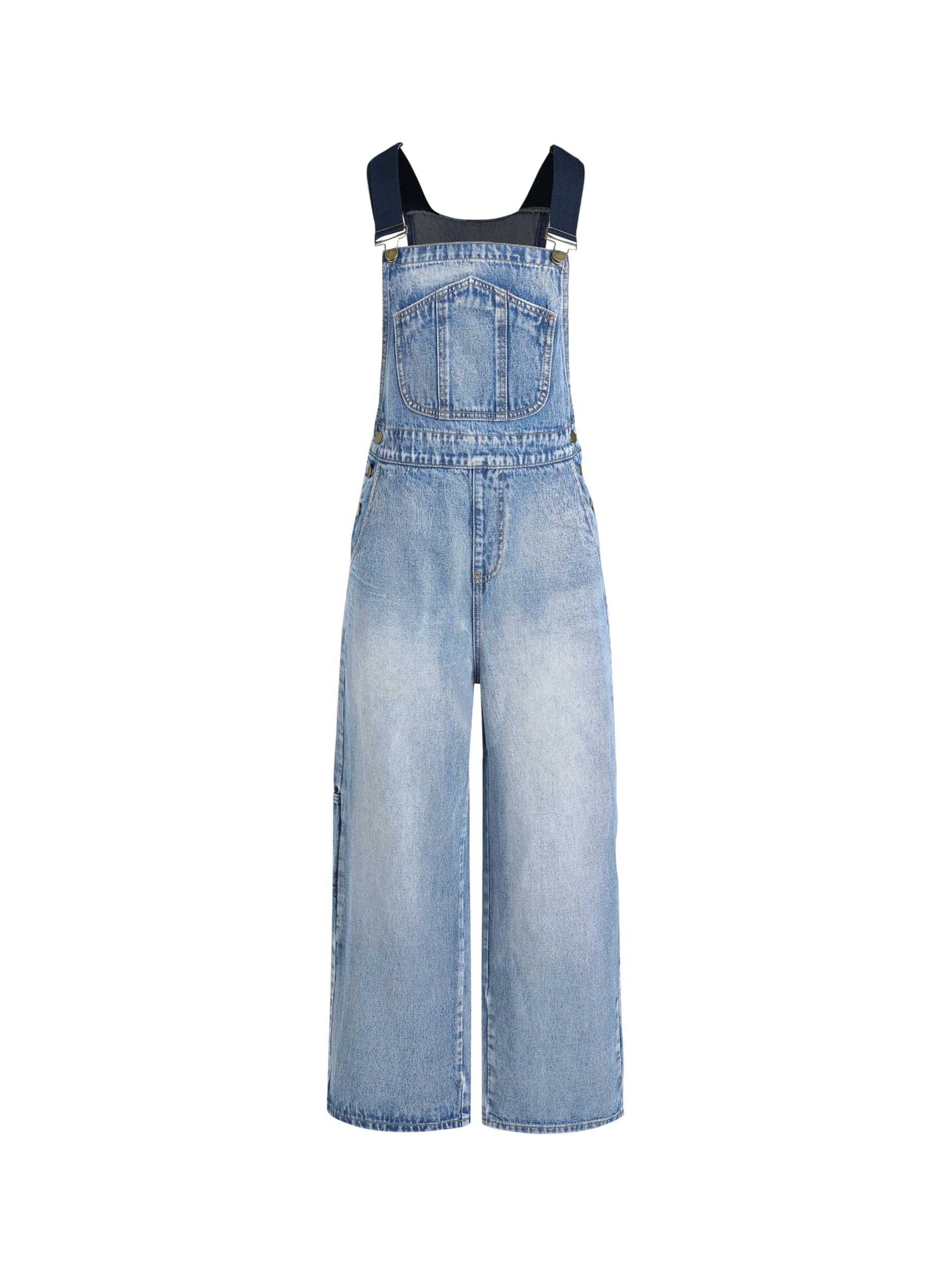 CIDER Overalls for Women Denim Leopard Pocket Buckle Up Wide Leg Jumpsuit Medium Denim