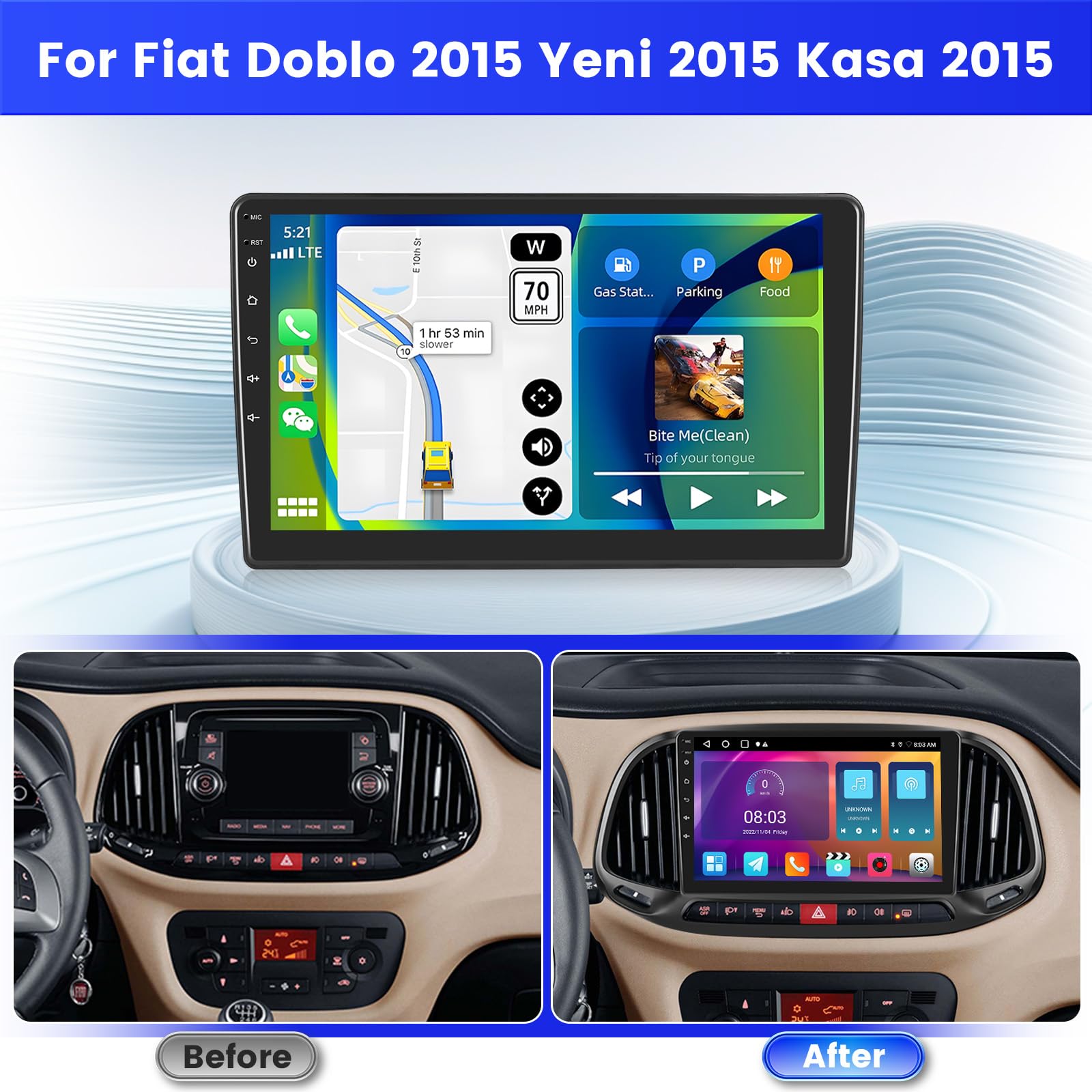Inefala 2+64G Radio per Fiat Doblo 2015 Yeni 2015 Kasa 2015 Android 15 con Wireless CarPlay Android Auto, 9 Pollici Schermo per Auto Soporta Bluetooth WIFI 26UI GPS FM EQ SWC AHD Telecamera Posteriore