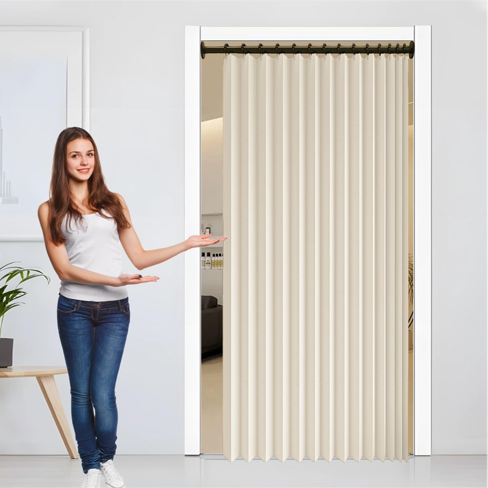 Rideau accordéon beige 160x188 cm thermique et isolant pour placard de chambre
