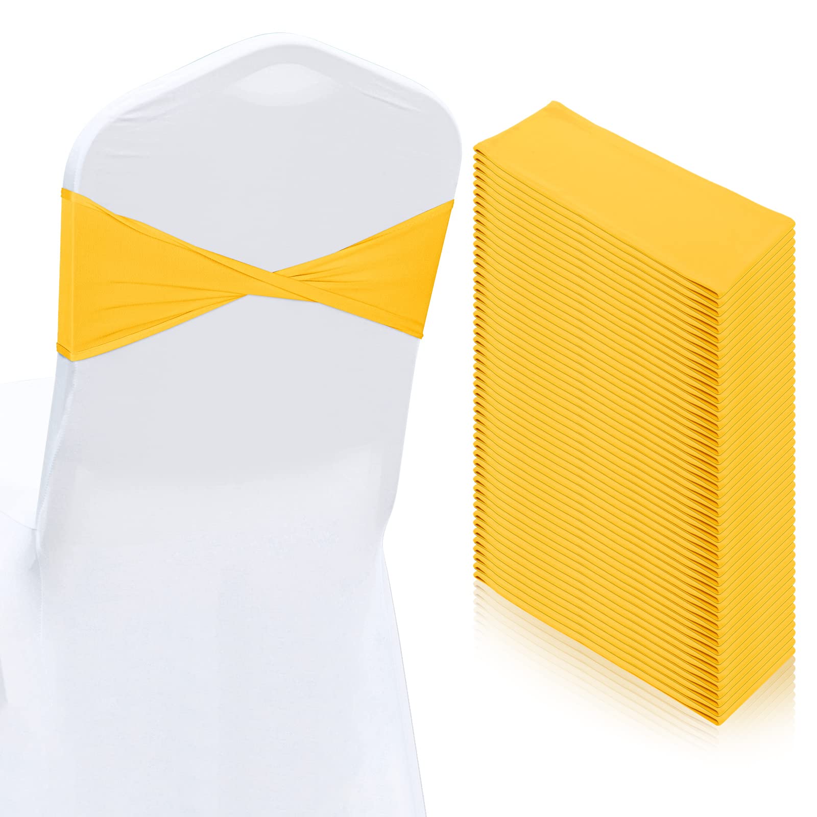 50 Pcs Spandex Chair Sashes Chair Without Buckle Baby Shower Plain Bow Sash Light Sash Stretch Bow for Chair Elastic Chair Bands Ties for Wedding Banquet Hotel Party Events Decoration (Gold)