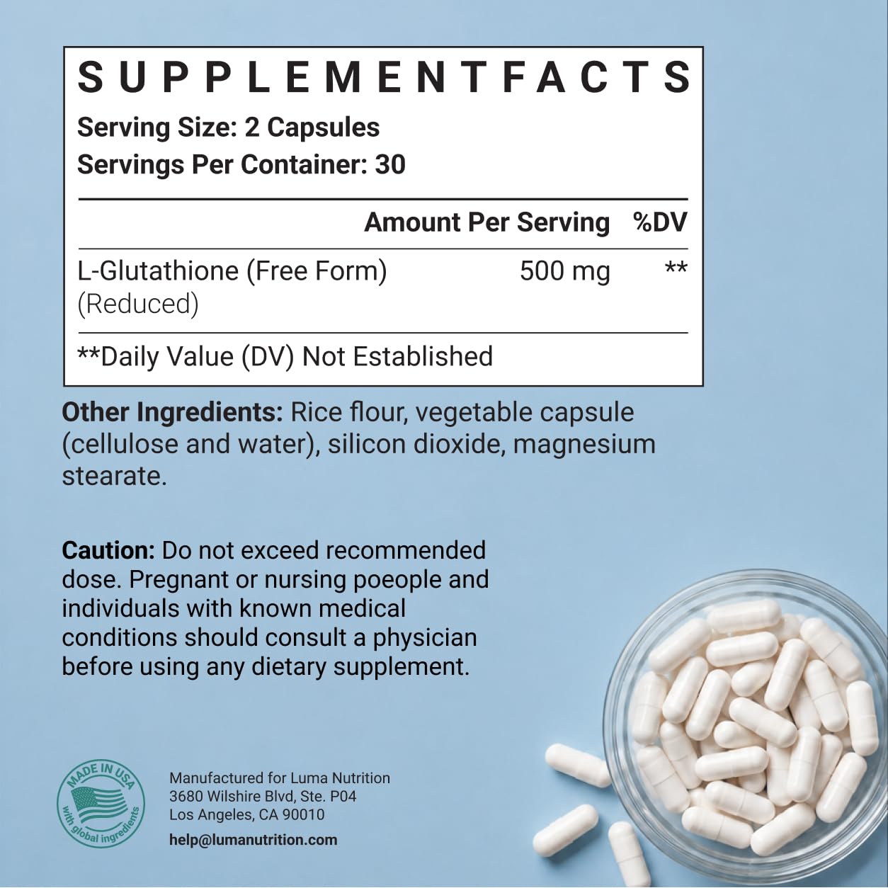 Luma Nutrition Premium Glutathione Supplement - 500mg - 60 Capsules — Amazon image 6