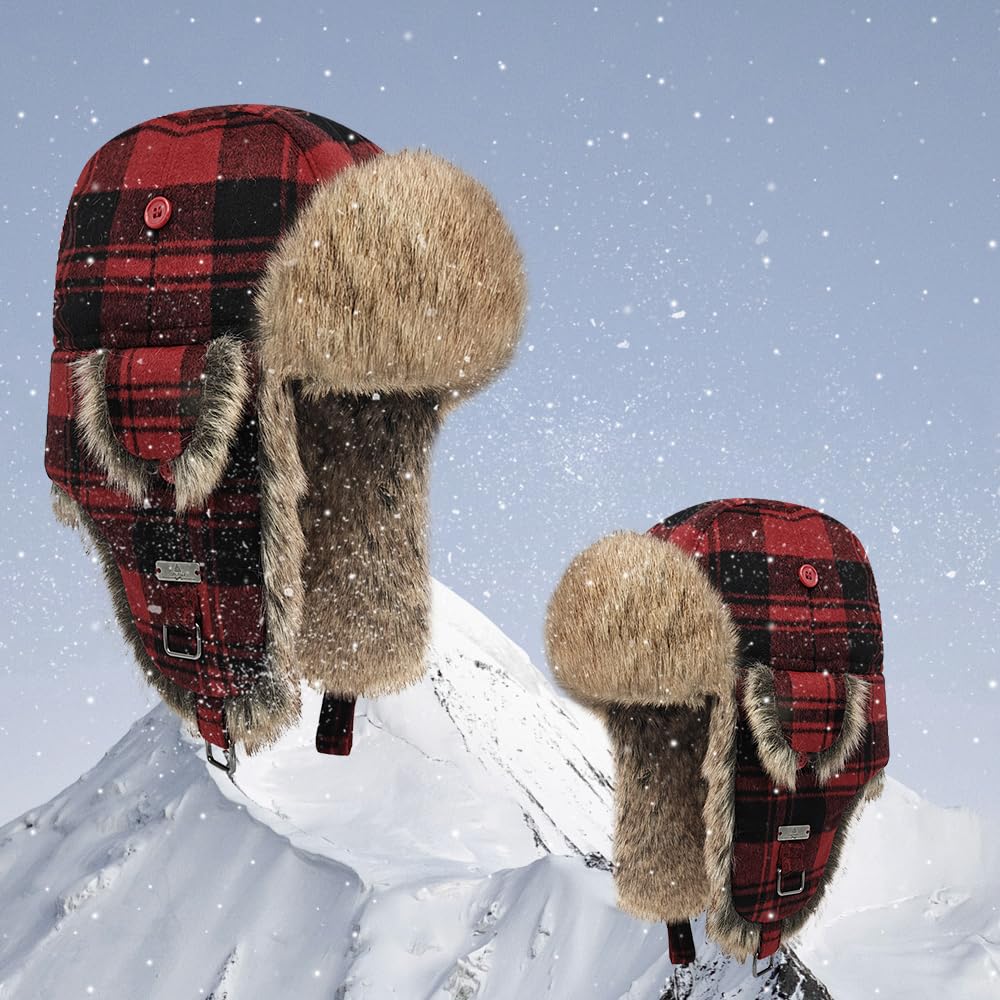 Fliegermütze Winter Wool Mütze Pilotenmütze mit Kunstfell Ohrenschützer für Herren und Damen