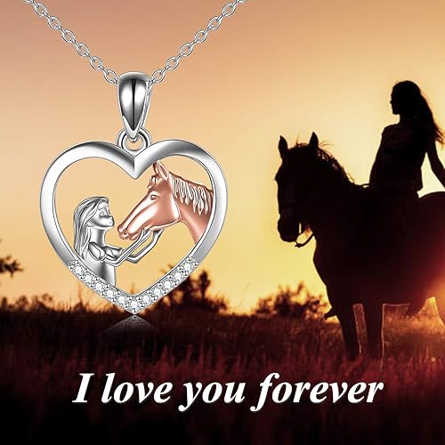 Miniatura 5 de YFN - Collar con dije de caballo de plata fina para niñas, regalo de caballos para mujeres y niñas (collar de caballo con una niña color rosa)