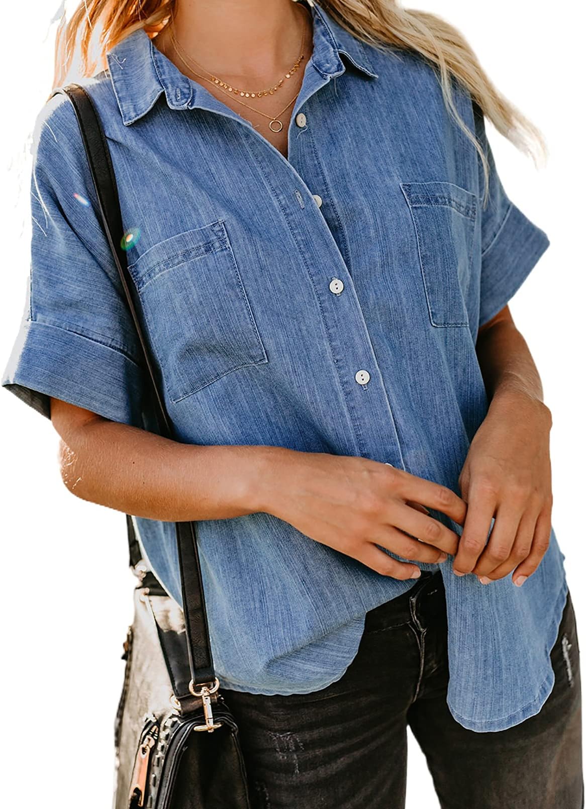 AstylishWomens Button Down Shirts V Neck Loose Casual Shirt