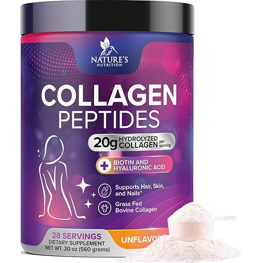 Collagen Peptides Powder With Hyaluronic Acid and Biotin, Unflavored 20g Grass Fed Collagen Powder for Women with Type I & III Collagen Supplements - Hair, Nail, Skin & Joint Support - 28 Servings