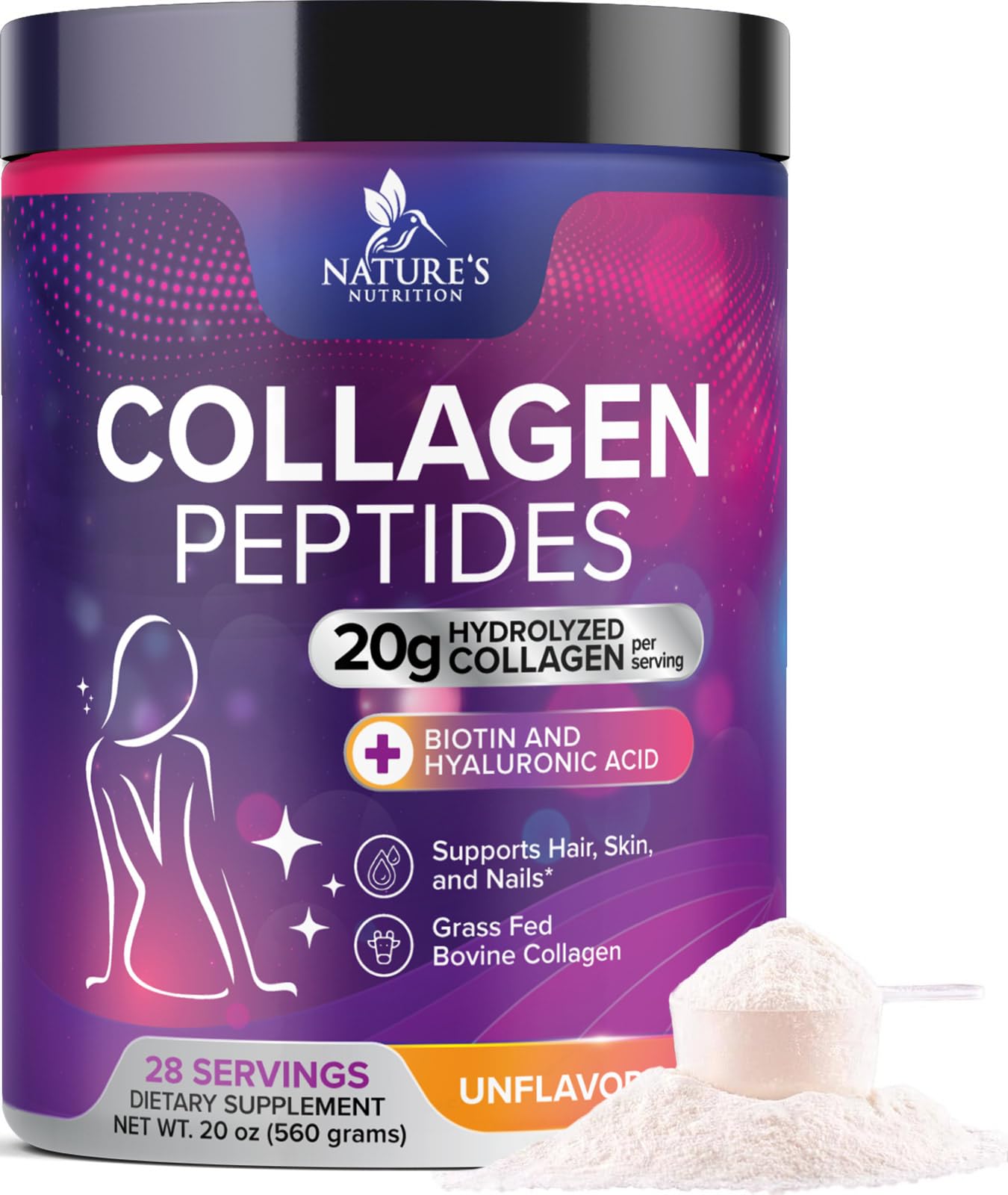Collagen Peptides Powder 20g - Hydrolyzed Type 1 & 3 Collagen Powder & Hyaluronic Acid - Vital Support for Nails, Skin & Joints - Zero Sugar, Unflavored, for Women & Men, Bottled in USA - 28 Servings