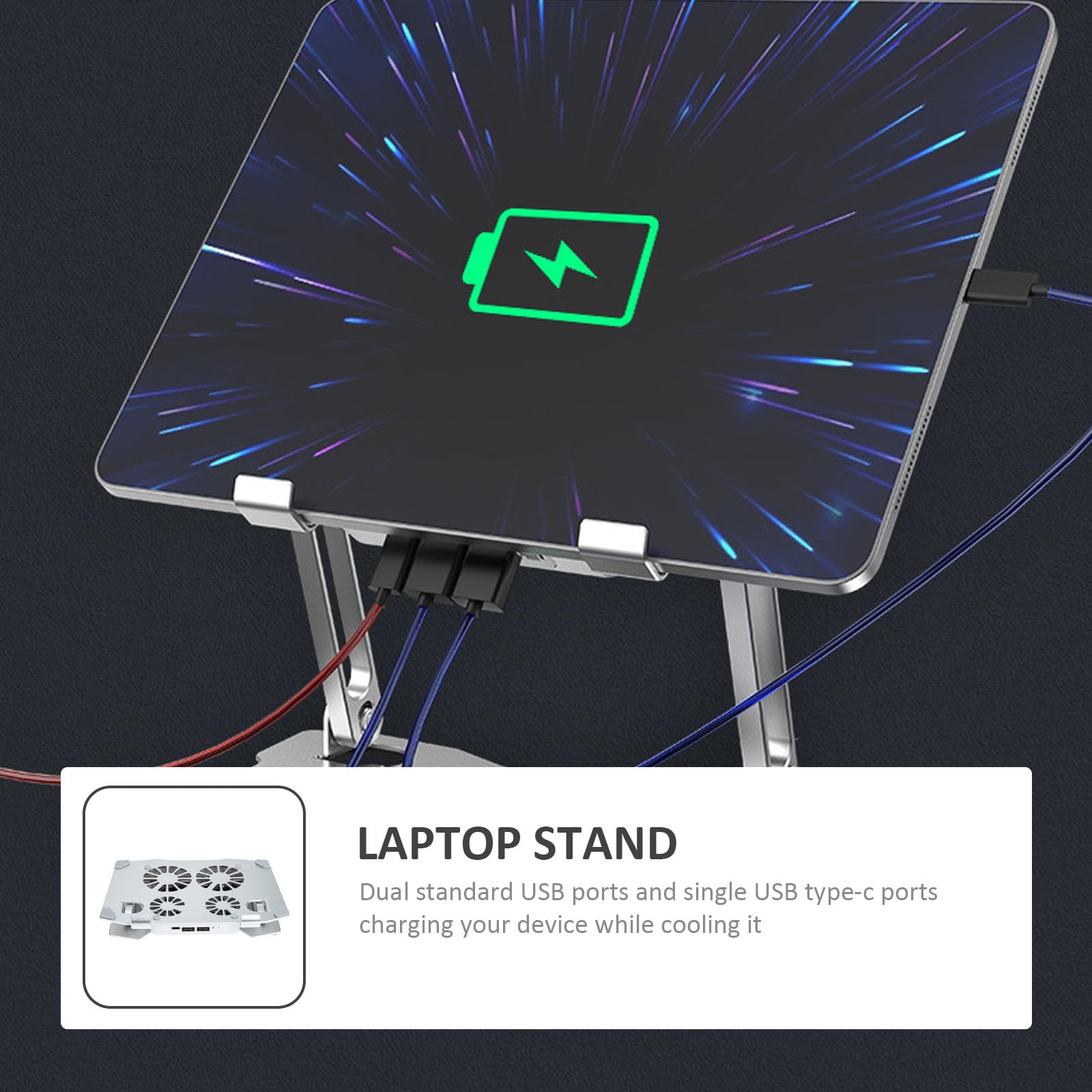 SHINEOFI Supporto per Laptop Regolabile in Altezza e Angolo 4 Ventole di Raffreddamento Silenziose, Struttura in Metallo Argento per Ufficio e Casa
