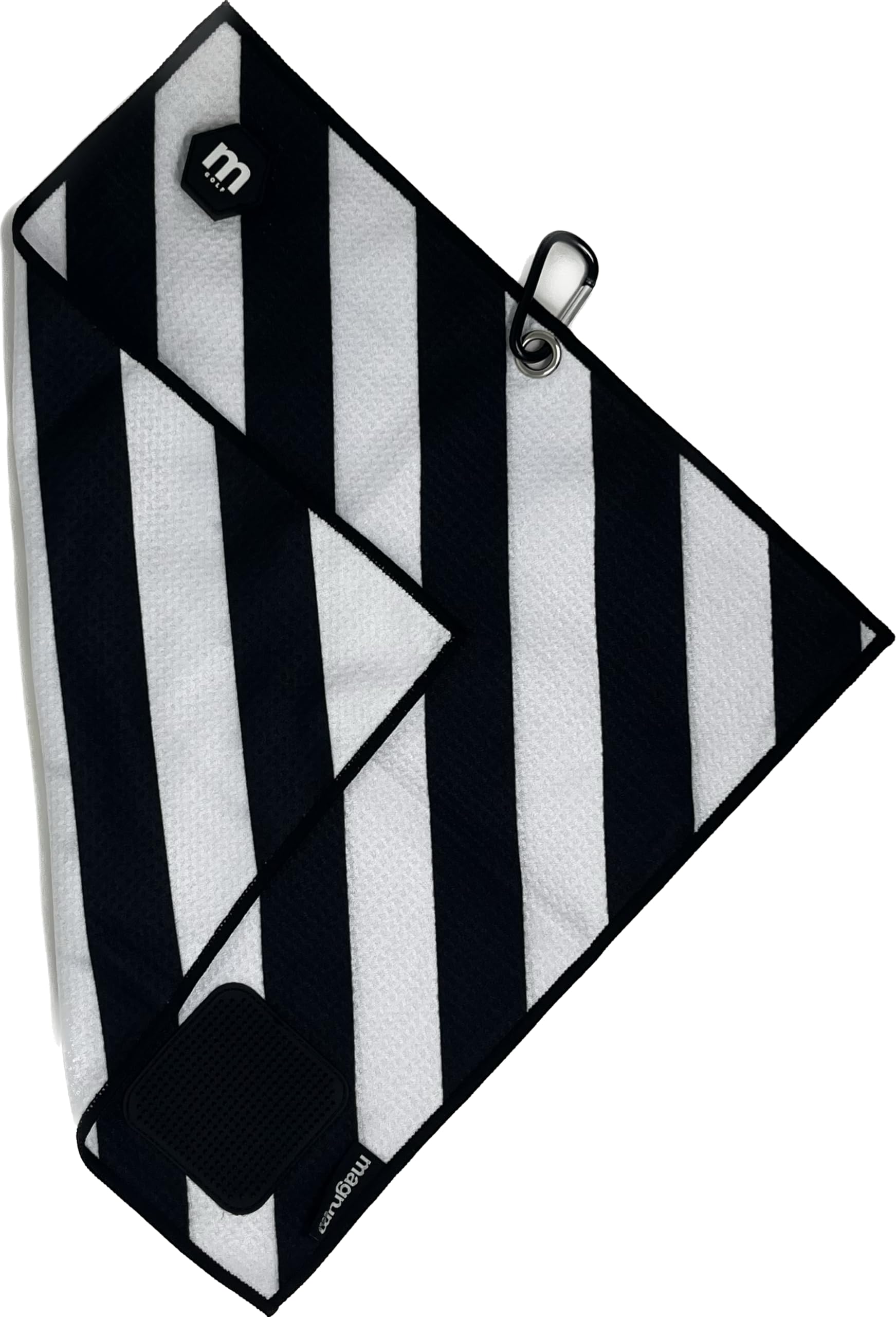 Magnum Golf Magnet Golf Towel (Black/White Stripe) | Quality Microfiber with Superior Absorbency | Powerful Magnet with Strong Hold | Built-in Club Scrubber | 16in x 16in