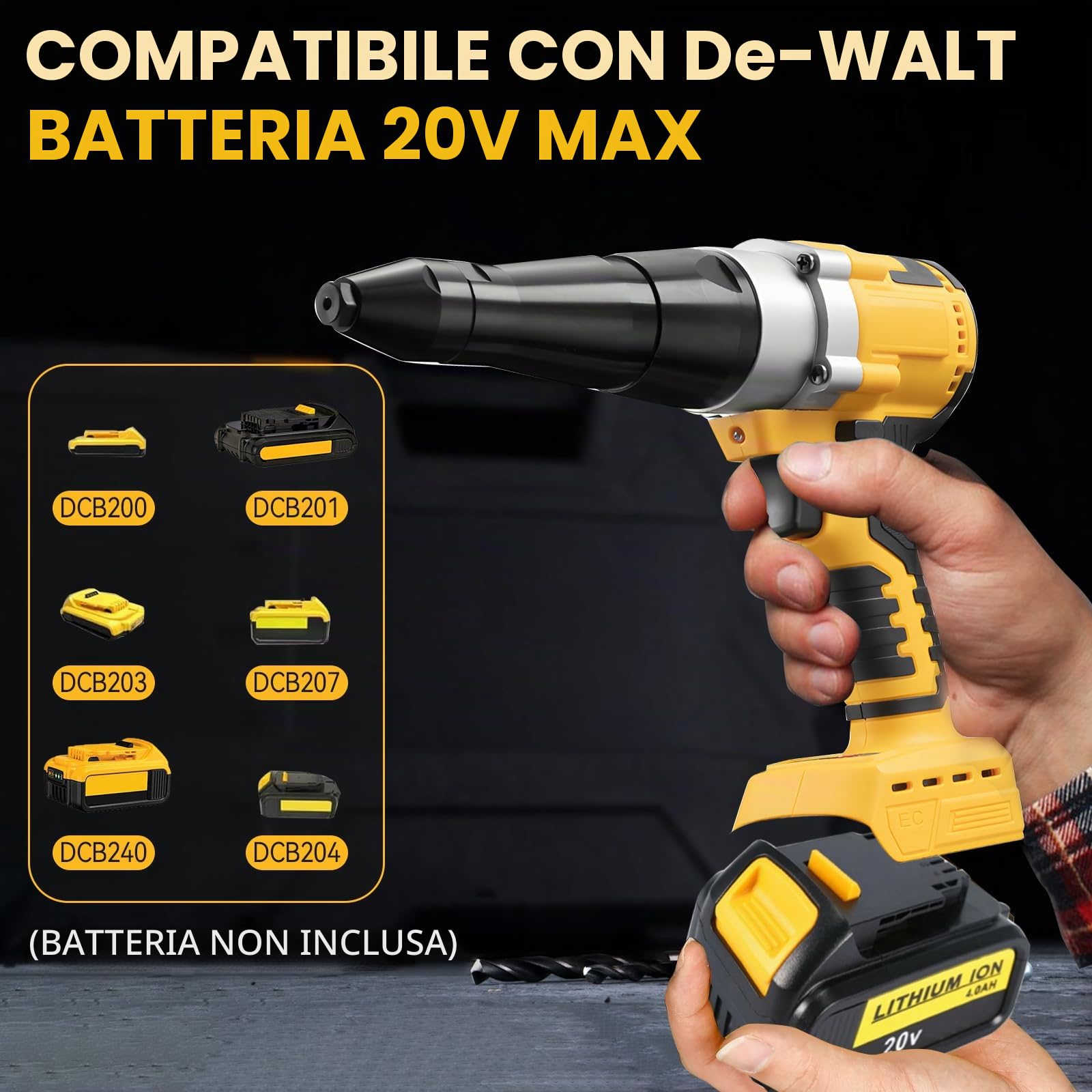 Rivettatrice senza fili compatibile con Dewalt 18 V (senza batteria), pistole elettriche automatiche con 40 rivetti per rivetti da 1/8", 5/32", strumento per rivetti senza spazzole per metallo