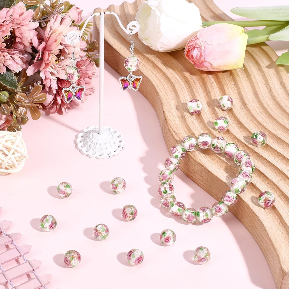 1 Box 60PCS 10MM Rose Lampwork Flower Glass Beads with Hole Round Gold Sand Floral Flowers Handmade Loose Spacer Bead Bulk for Jewelry Making Necklaces Bracelets Earrings DIY Crafts Supply - Image 4