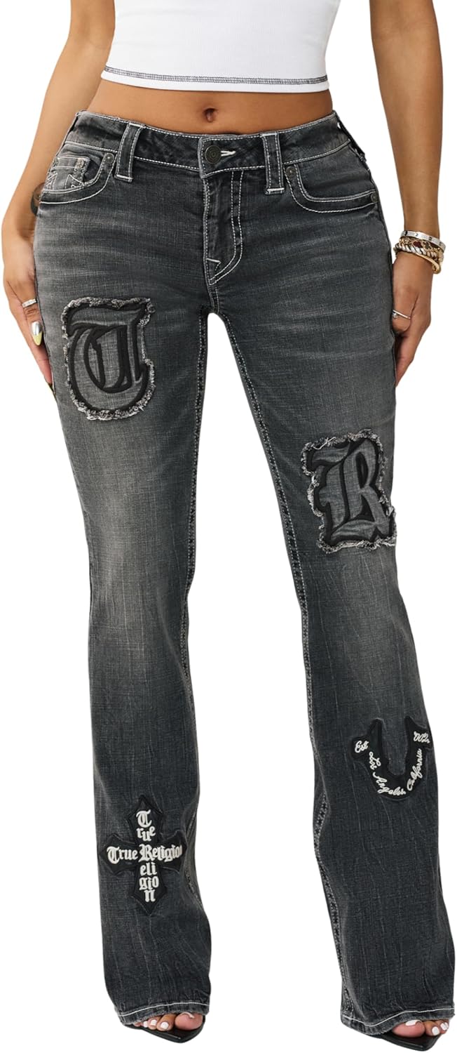 True Religion Women’s Appliqué Becca Mr Bootcut – Stretch Denim, Flattering Mid Rise, Classic Bootcut Silhouette