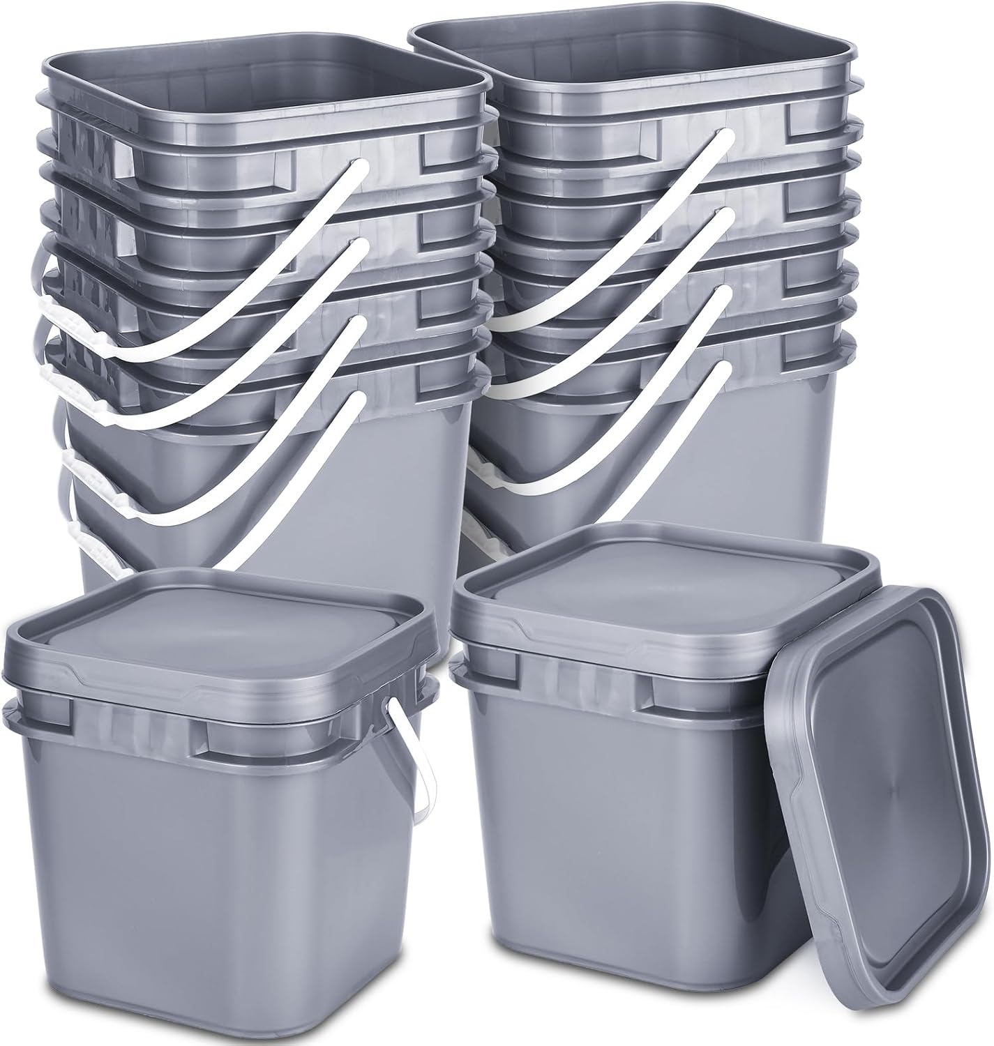 Suzile 10 Pcs 2.2 Gallon Square Bucket with Lid Food Grade Plastic Bucket 10L Utility Industrial Pail with Handle Container for Food Oil Tub Water Fishing Paint House Cleaning Car Washing(Gray)