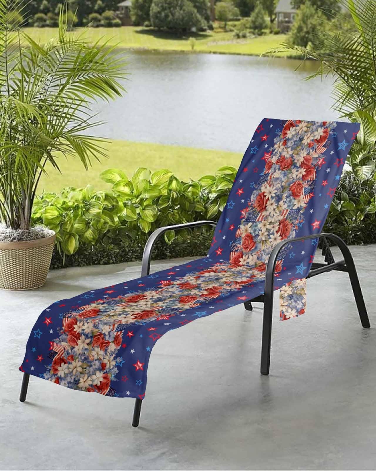 Independence Day Beach Chair Towel Covers for Chaise Lounge with Side Pocket, Soft Plush Pool Towels Cover for Patio Sunbathing Outdoor 29''x85'' 4th of July Red Blue Star Botanical Floral