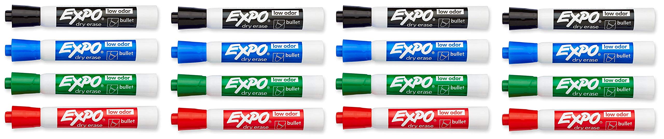 EXPO 82074 Low-Odor Dry Erase Markers, Bullet Tip, 4 Assorted Colors (Black, Blue, Green and Red), 4 Blisters of 4 Markers Each, Total 16 Assorted Color Markers
