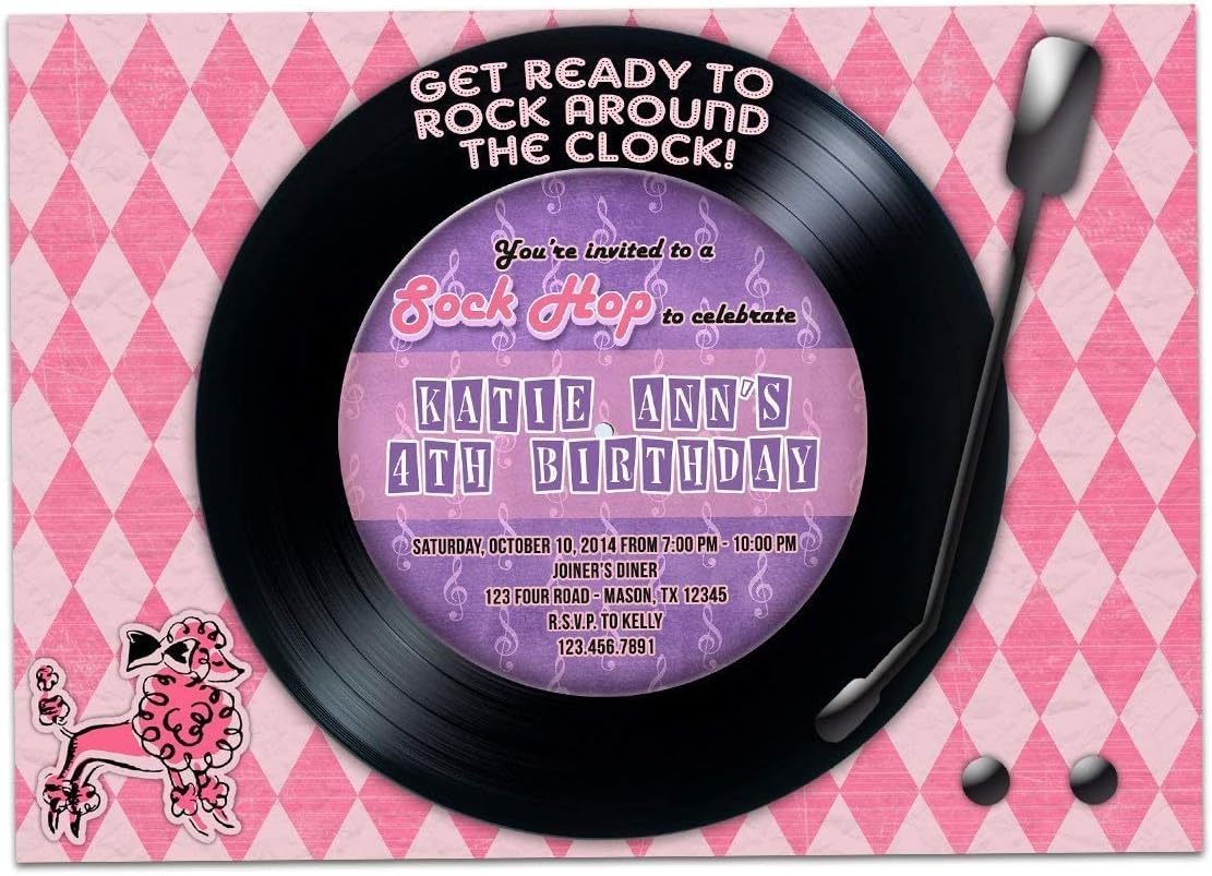 Retro 50s Invitations Sock Hop Birthday Girl Pink Party Poodle Skirt, Personalized with Envelopes