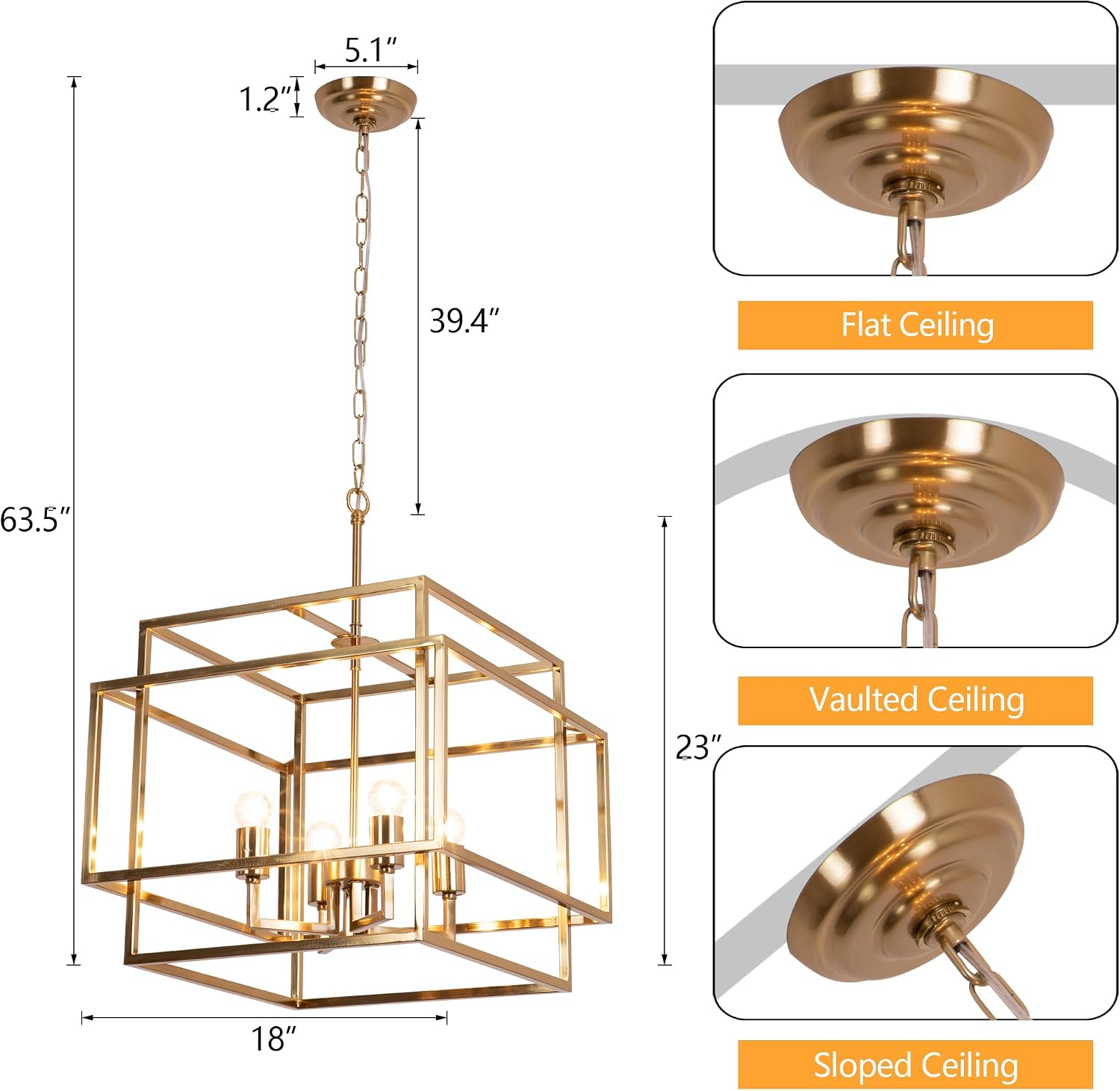 Maxax 4 Lights Lantern Chandelier, Brass Gold Farmhouse Lantern Ceiling Light Fixtures with Rustic Metal Cage Adjustable Height Industrial Hanging Light for Dining Room, Bedroom, Entryway, ETL Listed