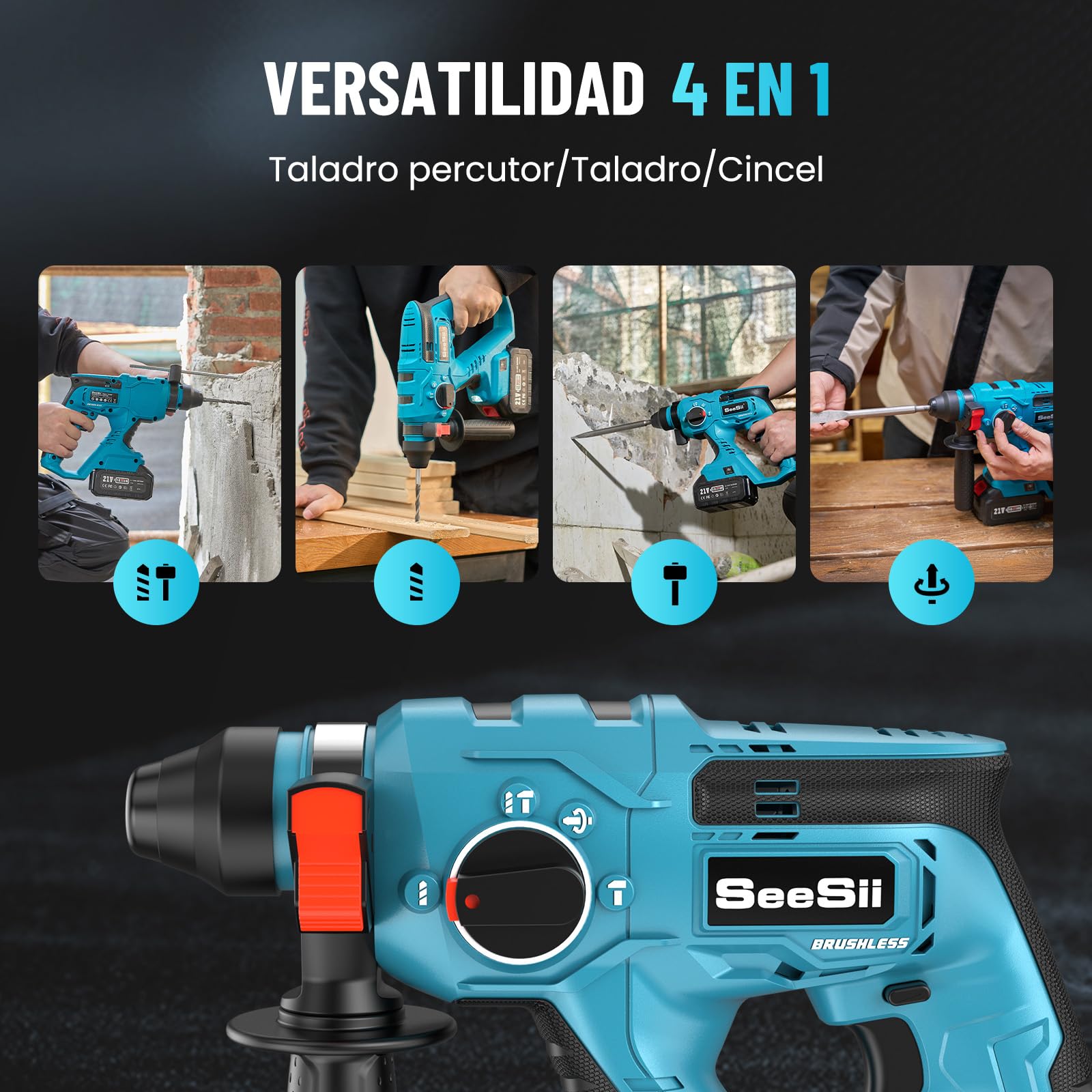 Seesii 4-in-1 Martillo Perforador a Bateria: SDS-plus, 2 x 4.0Ah Baterías, Motor sin Escobillas, 2.1J Juego de Martillo Percutor, en Renovaciones Domésticas y Para Aficionados al Bricolaje