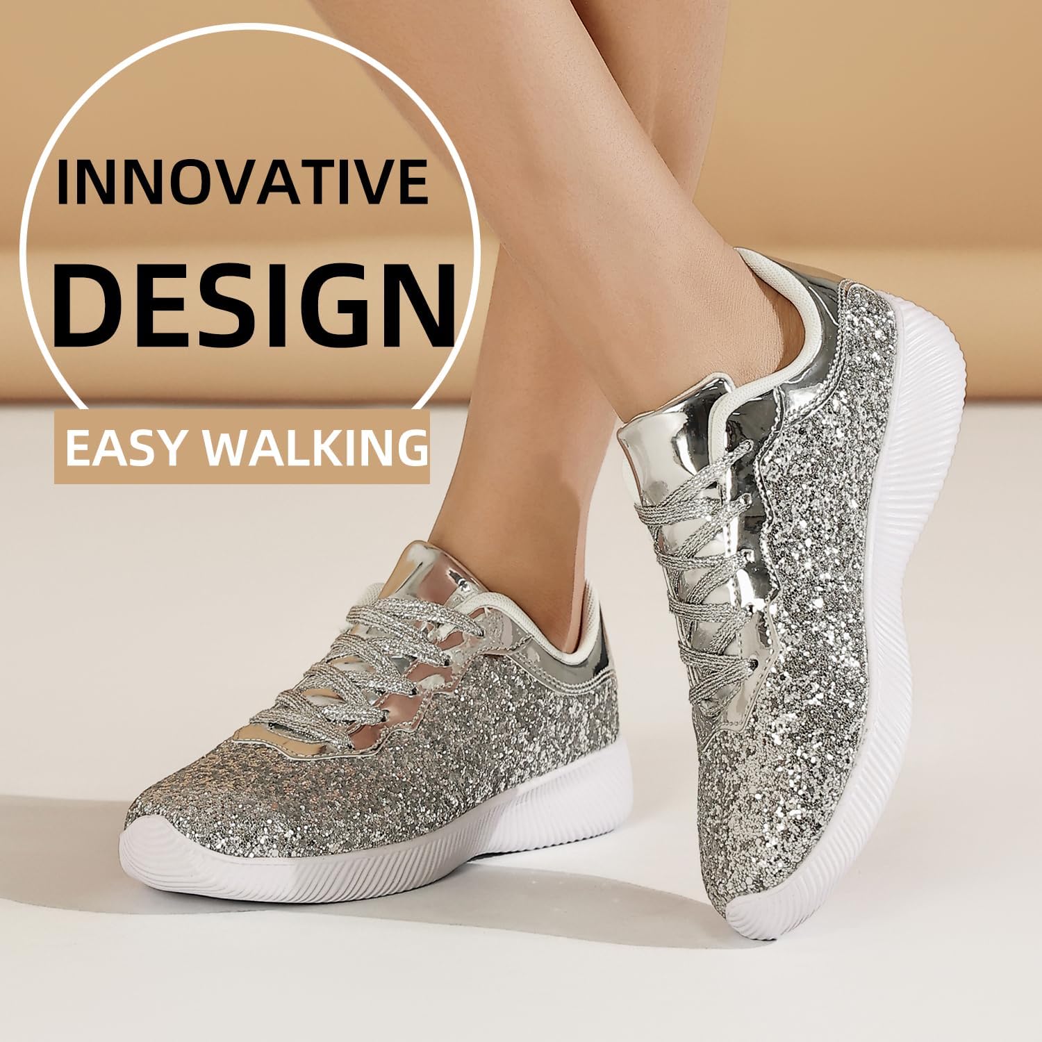 Women's Glitter Sneakers Shoes Lightweight Tennis Shoes Metallic Sequin Walking Shoes - Image 6