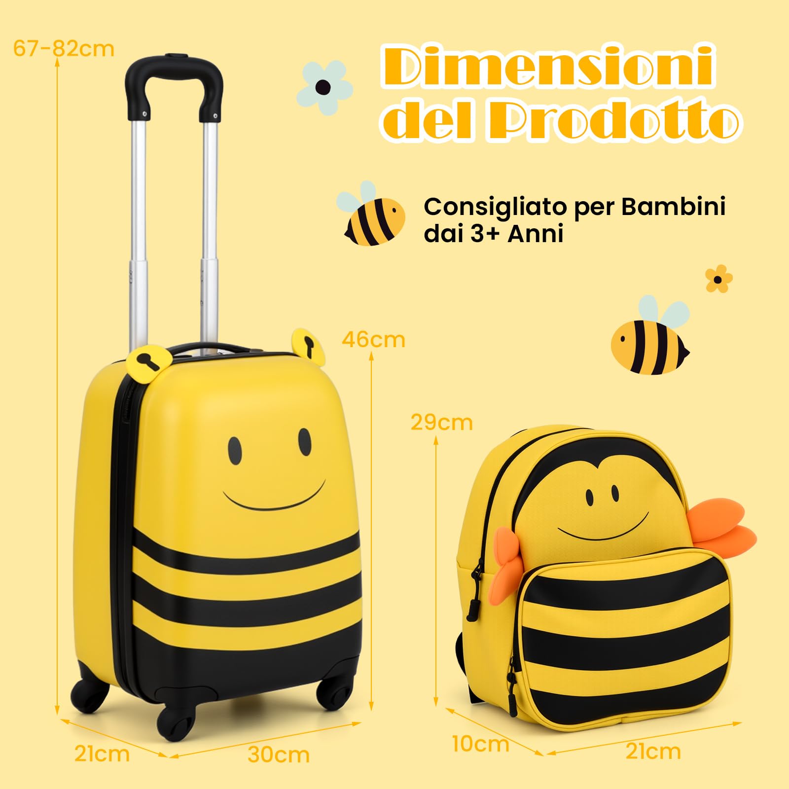 COSTWAY Set di Valigia per Bambini, 16" Valigia+ 12" Zaino, 2 Pezzi, con Ruote Girevoli a 360° e Maniglia Retrattile, Ideale per Viaggiare in Modo Comodo e Divertente (Modello 24)