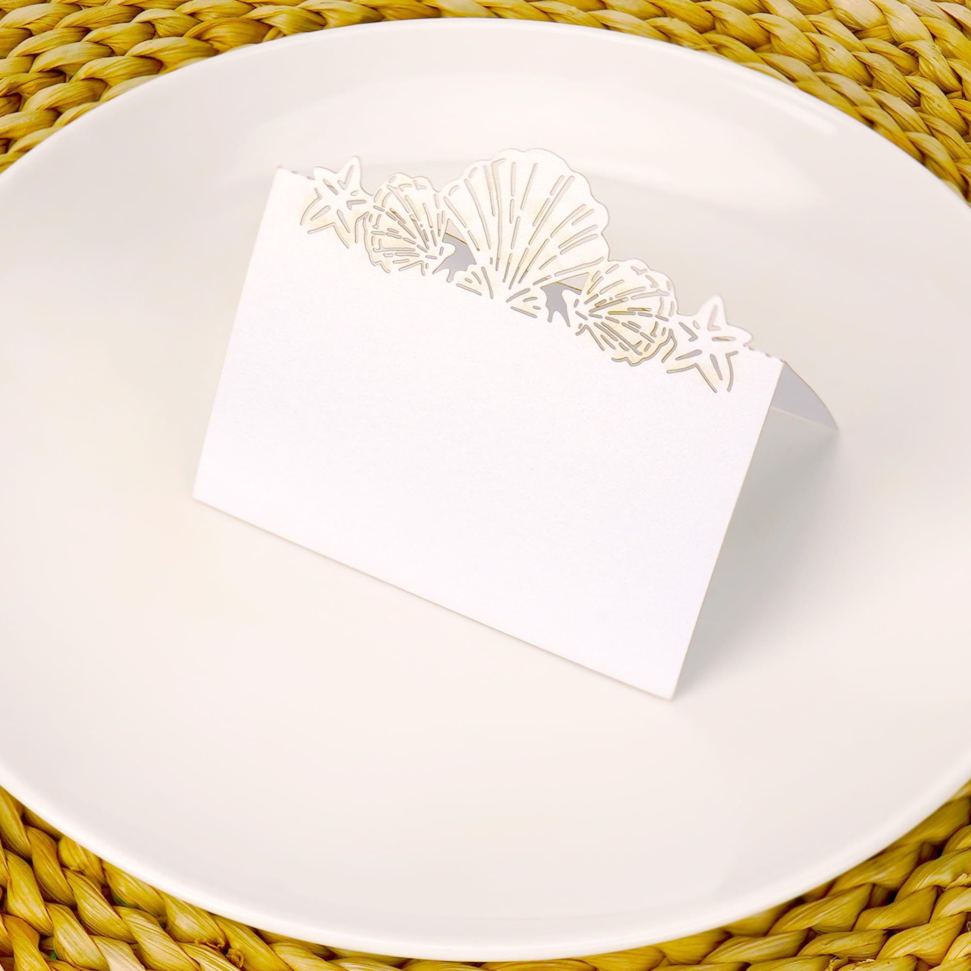 Set of 50 Nautical Place Cards for Table Setting, Seashell and Starfish Cutout Name Cards for Beach Wedding Party Shower, White