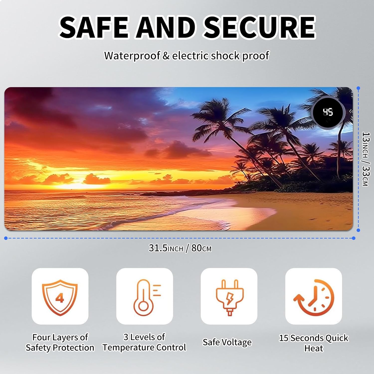 Heated Mouse Pad Hand Warmer, Warm Desk Pad Mousepad Desk Mat with 3 Levels Heating and Auto Shut Down 31.5 x 13 inch PU Leather Warmer Keyboard Mat for Gaming Laptop Office Home, Sunset Beach