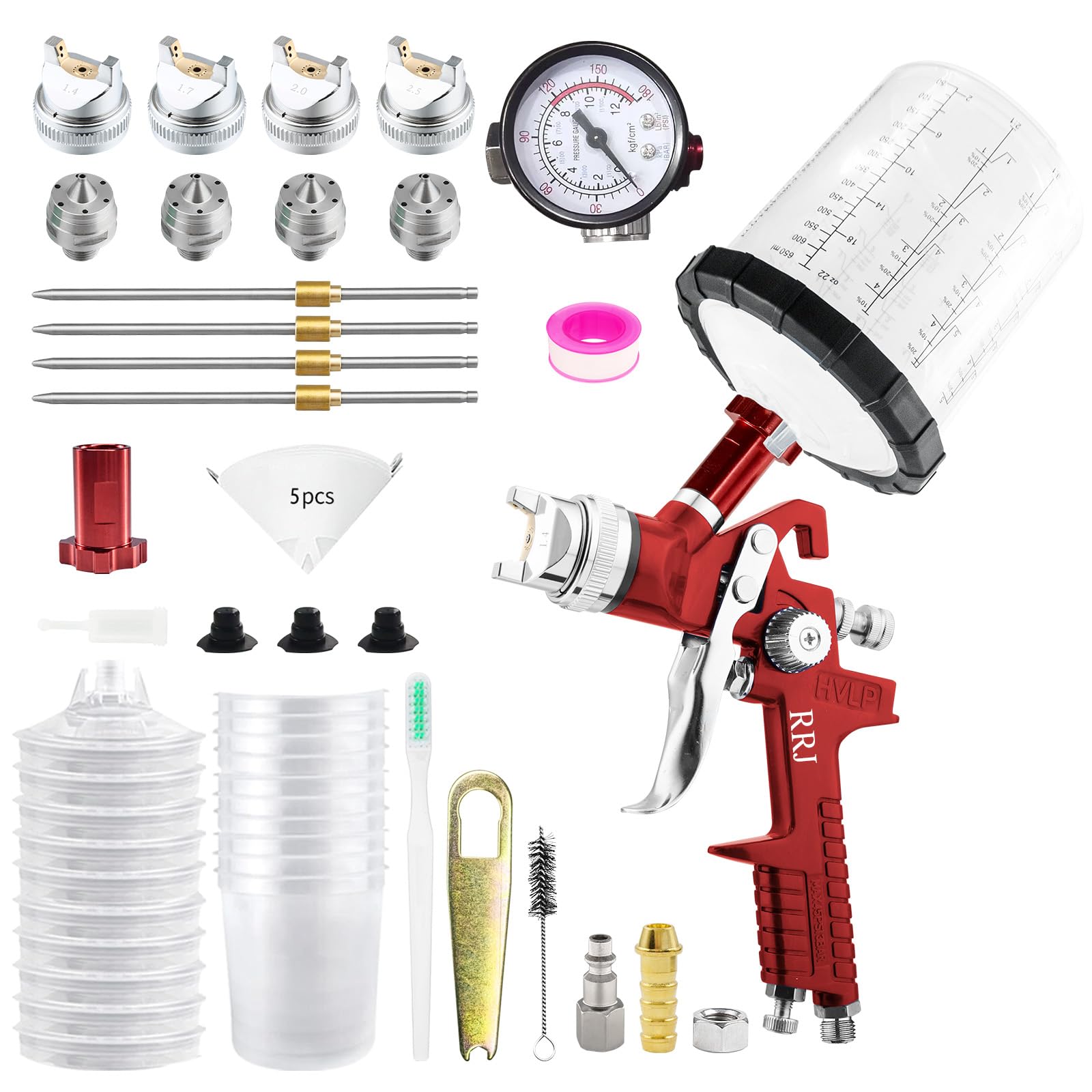 HVLP - Set di pistola a spruzzo professionale ad aria a gravità da 1,4/1,7/2,0/2,5 mm, con ugello da 650 ml e 10 bicchieri usa e getta da 650 ml, strumento a spruzzo per auto, mobili, pittura, mano