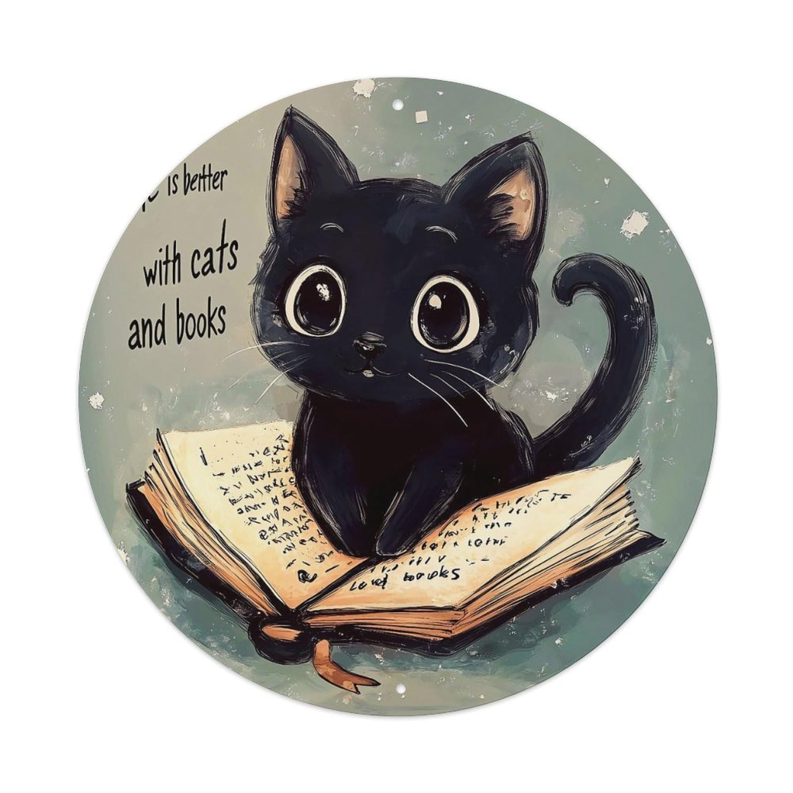 Black Cat Reading Book Pattern Metal Tin Sign Plaque