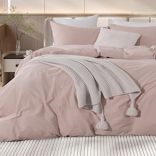NEXHOME PRO Juego de funda de edredón tamaño Queen con aspecto de lino texturizado 100 algodón lavado funda de edredón color rosa claro grisáceo
