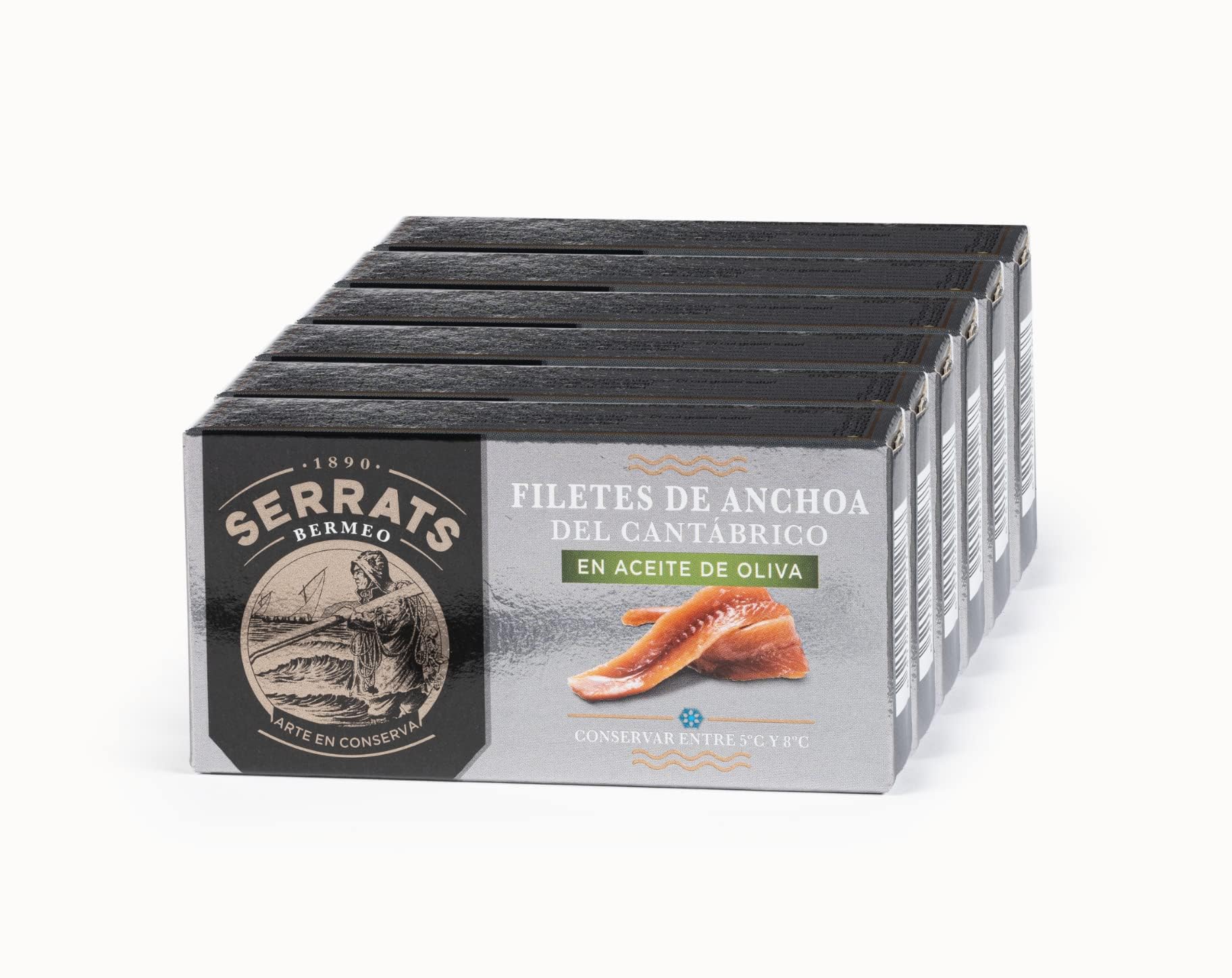 CONSERVAS SERRATS - Anchois de Cantabrique à l'Huile d'Olive - 6 Boîtes x 50g (Total : 600g) - Fabrication Artisanale, 100% Naturel, Sans Arêtes, Gourmet, Riche en Oméga 3