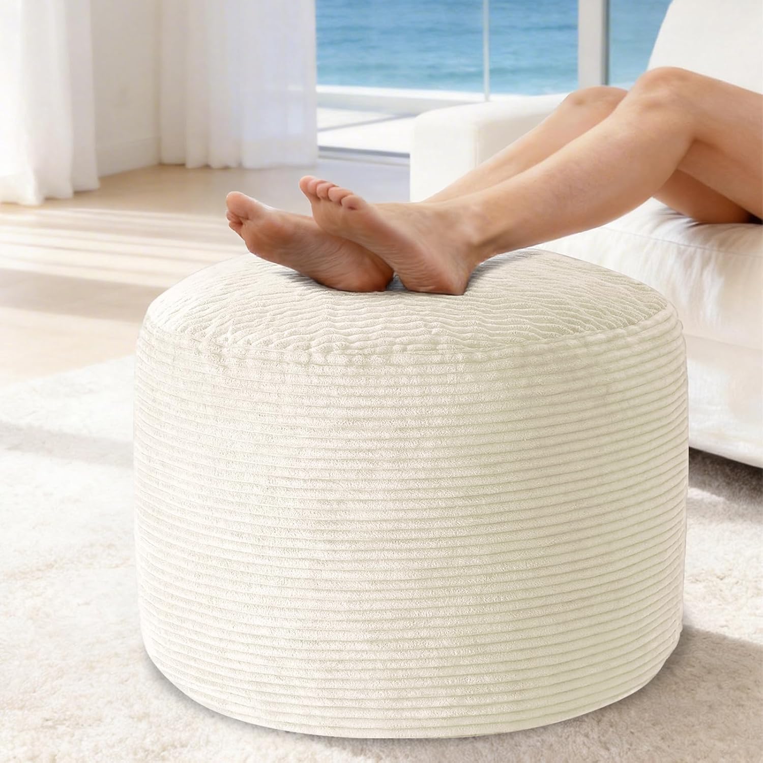 26" x 26" x 22" Large Stuffed Pouf Ottoman, Round Foot Rest with Odorless Filling, Soft & Cozy Corduroy Foot Stool for Living Room, Bedroom, Office, Room Decoration (Beige)