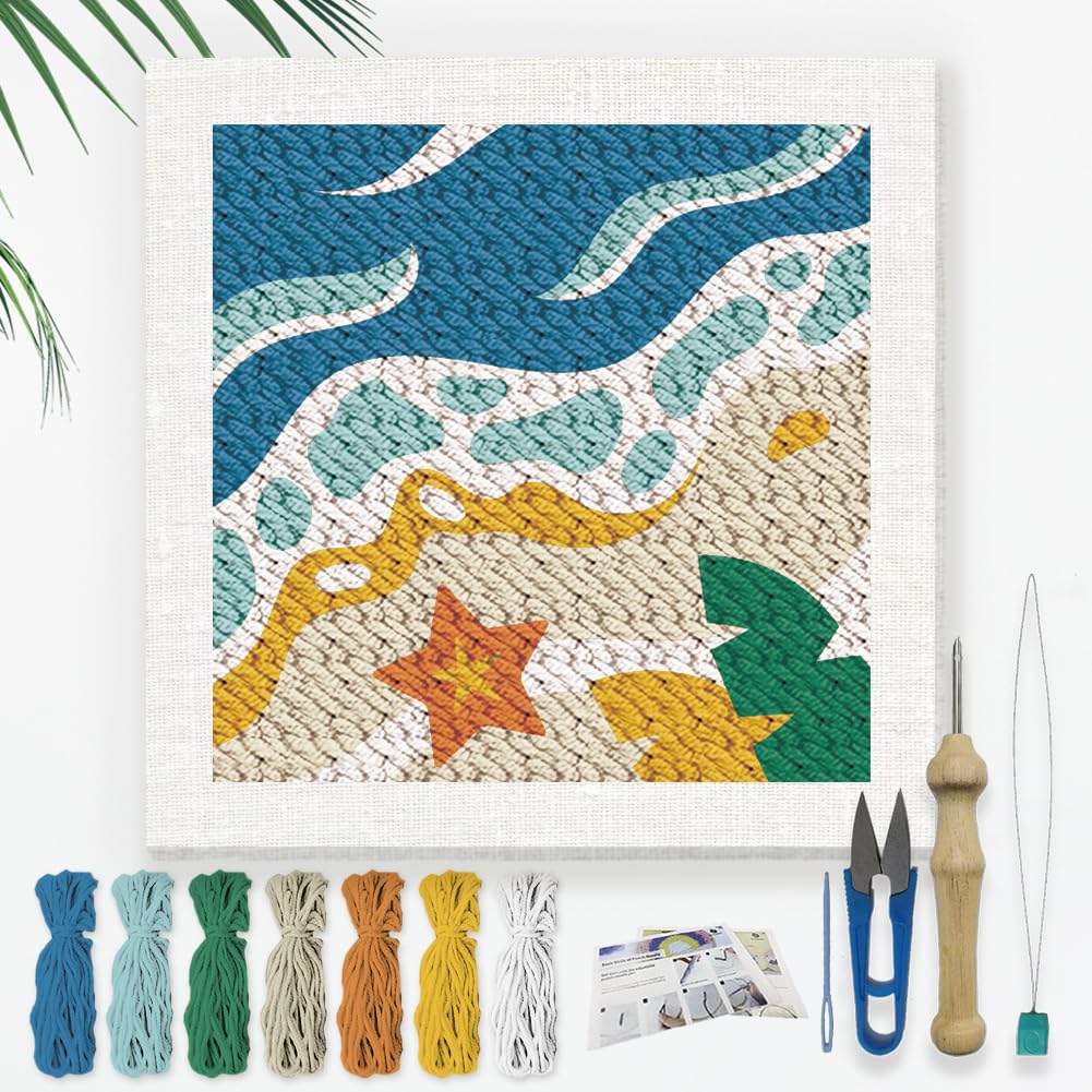 DOODLREAM Beach DIY Punch Needle Embroidery Kit for Adult Beginner 24cm Summer Sea Wave Punch Stitching Craft Set for Starter with Frame Fabric Pattern