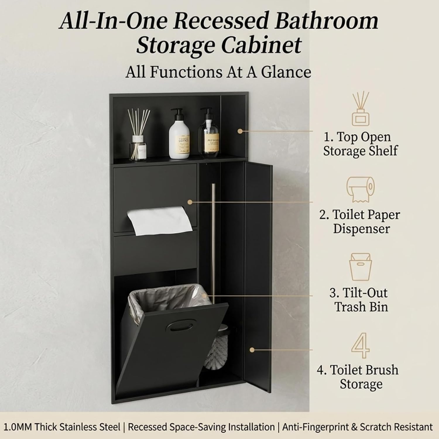 Recessed Wall Stainless Steel Shower Cabinet - Modern Bathroom Storage, Durable Water-Resistant Design, Space-Saving Organizer for Toiletries and Accessories