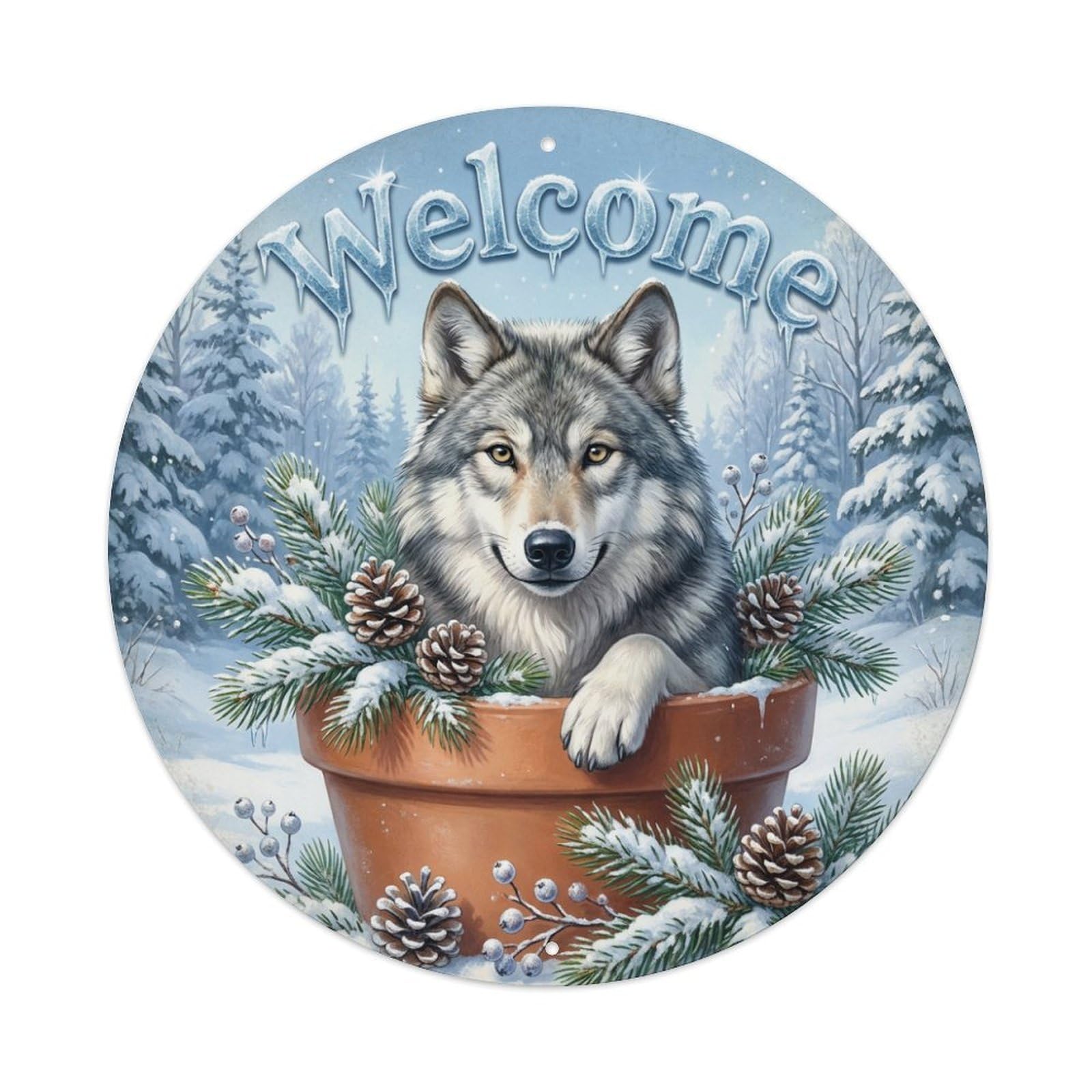 Welcome Wolf Snowy Pines Metal Tin Sign