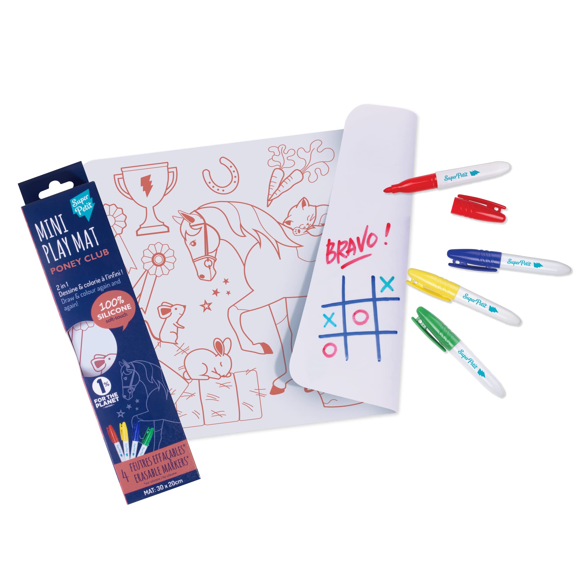 SUPER PETIT, Educational Game, Pony Coloring, Reversible, Comes with 4 erasable Felt tip pens, Easy to Clean, Reusable