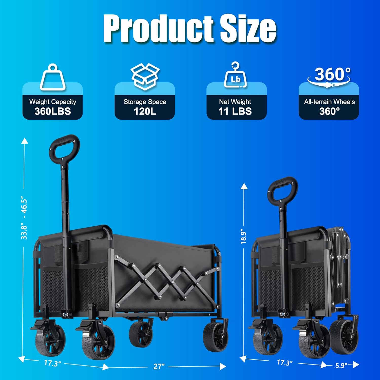 Collapsible Wagon Cart Foldable with Wheels - 360LBS Large Heavy Duty Folding Utility Wagon with All-Terrain Wheels & Brakes for Shopping Garden Beach Camping, 2 Drink Holders/Lightweight/Black