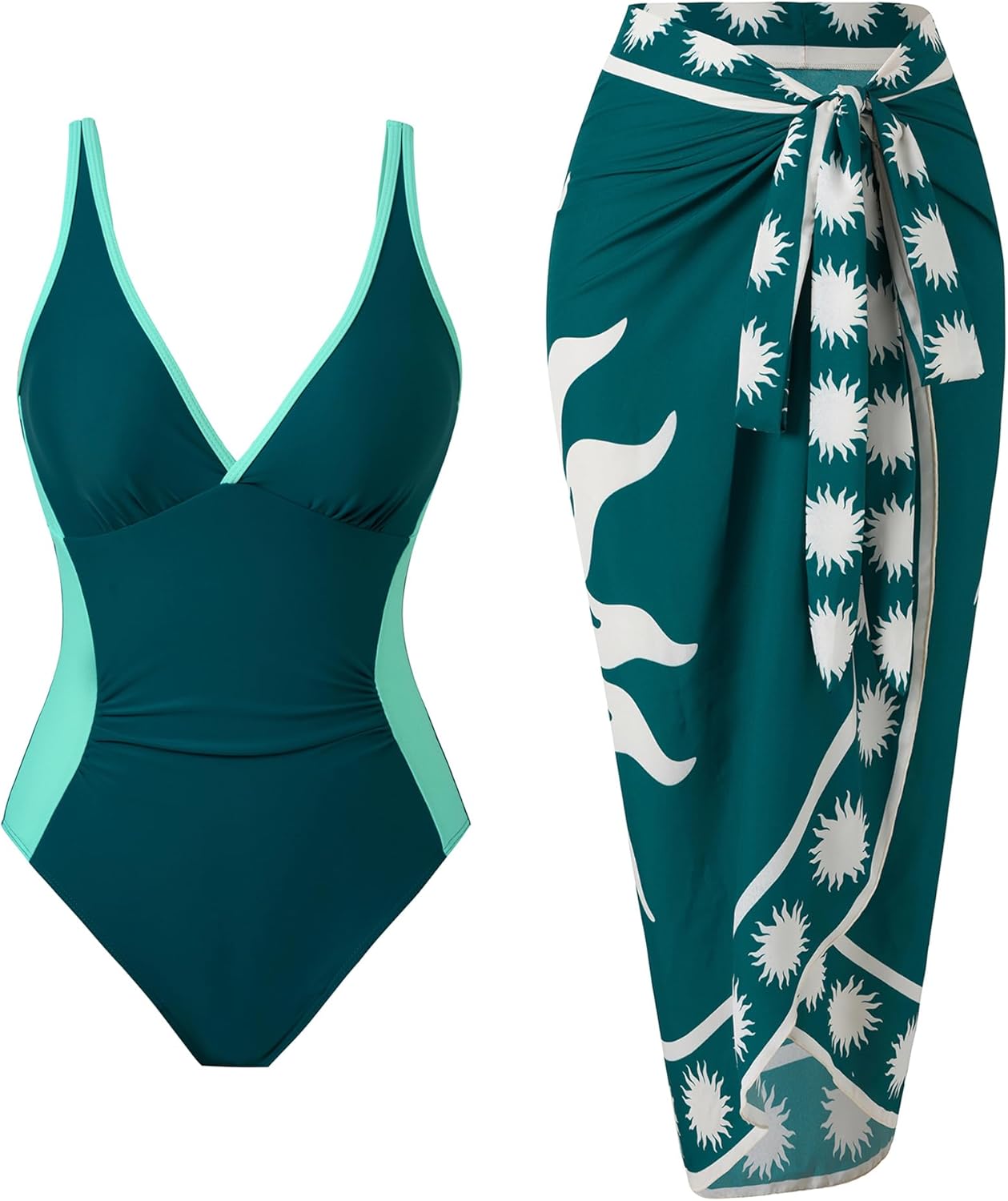 Women’s One Piece Tummy Control Swimsuit Set with Wrap Skirt Cover Up V Neck Slimming Retro Bathing Suit