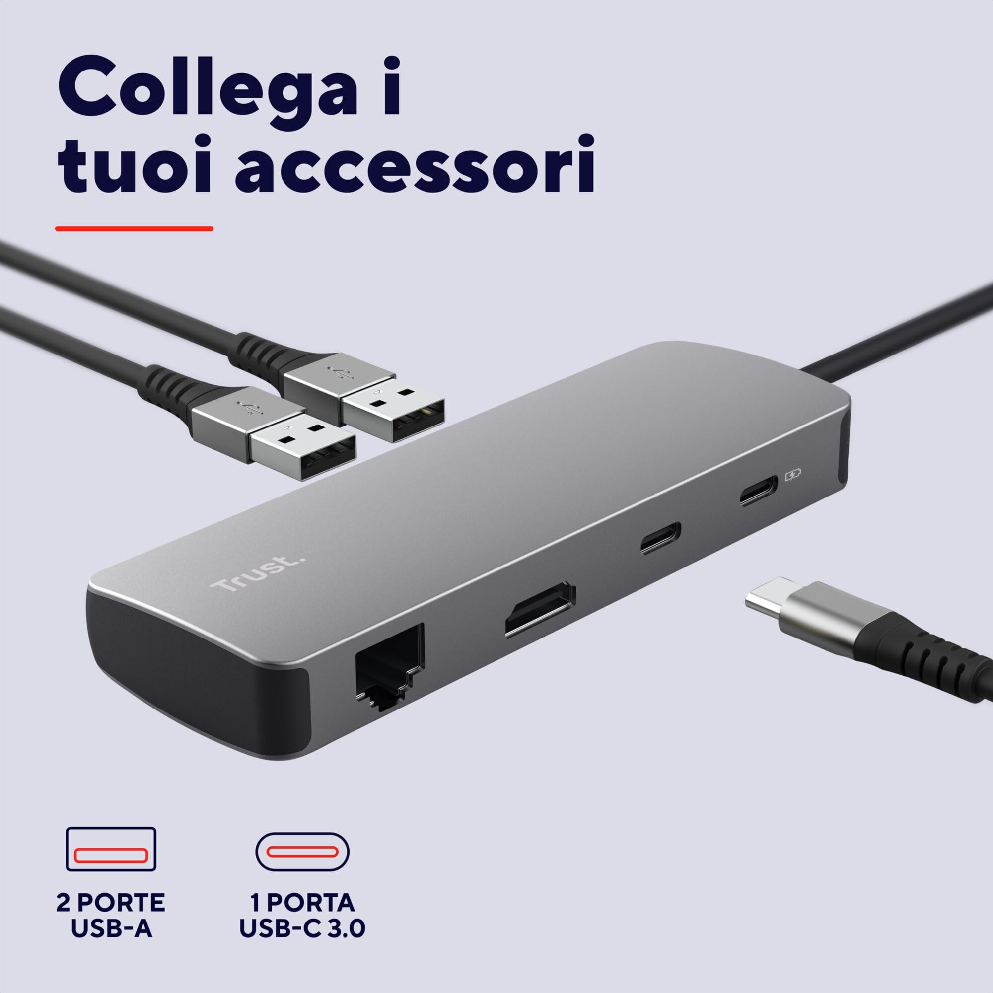 Trust Vylor Hub USB C 8-in-1 Adattatore HDMI 4K@60Hz, Gigabit Ethernet, Lettore di Schede MicroSD/SD, USB-C USB-A, Porta di Ricarica 100W, Docking Station PC Computer Portatili Dell HP MacBook