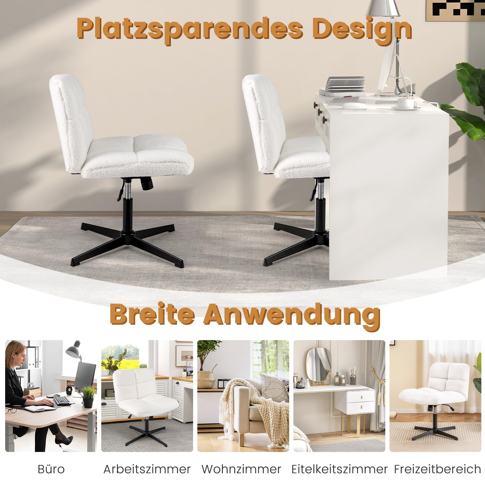 COSTWAY Schneidersitz Stuhl, Drehstuhl ohne Armlehnen, Schreibtischstuhl mit breiter Sitzfläche, Bürostuhl mit Kreuzfuß, Schminkstuhl, höhenverstellbar, Wippfunktion, modern (Beige)