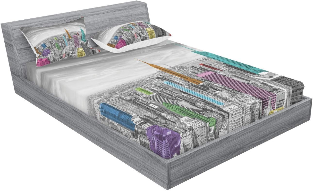 Ambesonne New York Fitted Sheet & Pillow Sham Set, NYC Cityscape Monochrome Photograph Colorful Buildings Urban Architecture, Decorative Printed 3 Piece Bedding Decor Set, Full, Multicolor