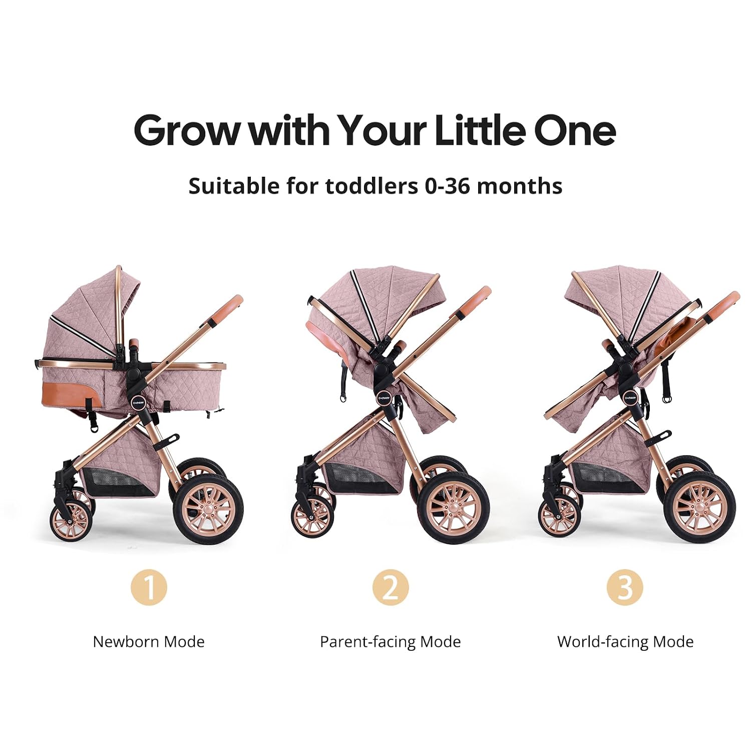 Cochildor DuraFlex 2-in-1 Baby Stroller, Foldable Travel Stroller for Newborn to Toddler, Convertible Stroller with All-Terrain Wheels and UPF 50+ Canopy, Pink