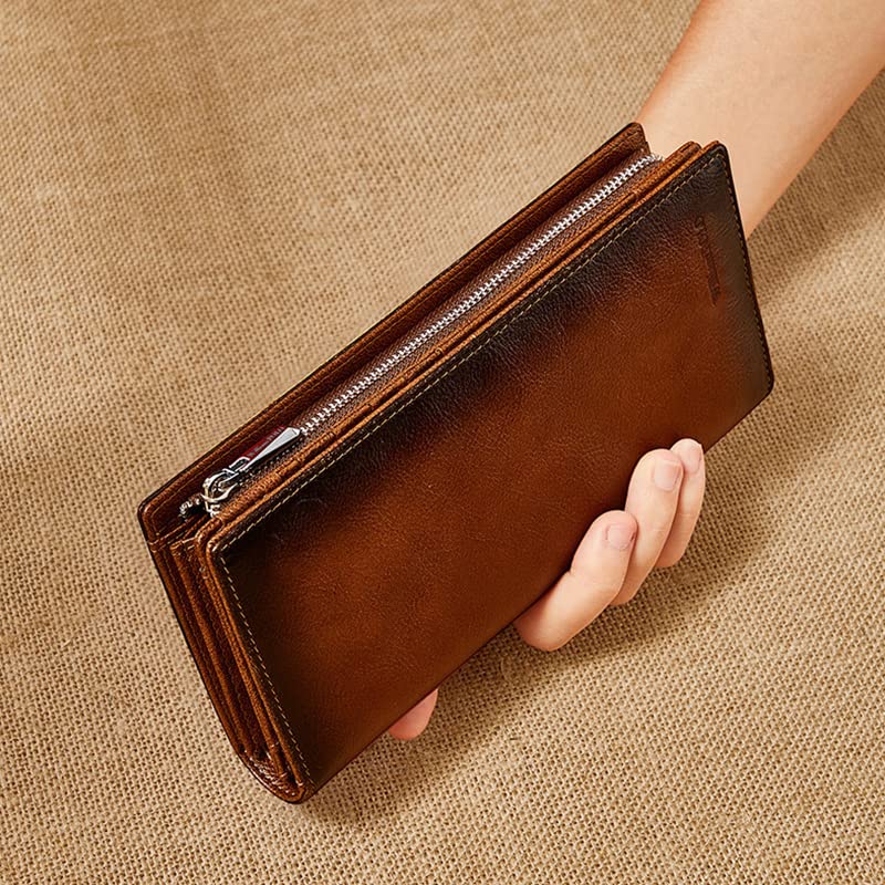 Men's Leather Wallet Long Wallet Vintage Leather Wallet Clutch Large Capacity Coin Purse Card Holder Luxury Wallet (yellowish brown)2