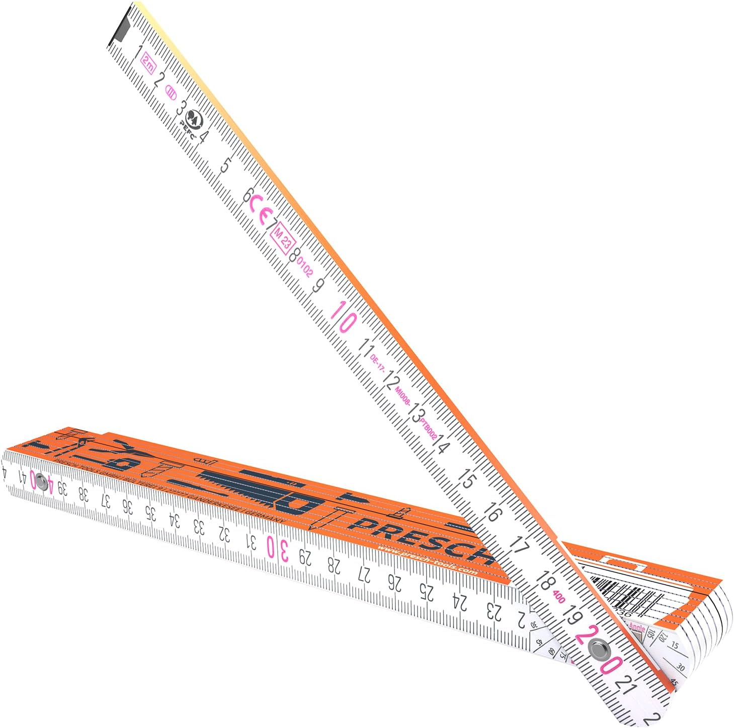 Presch Folding Ruler 2 Metres with Angle Function | Wood | Orange | Large & Very Easy to Read Numbers | Exact Snap | Folding Ruler 2 m, Measuring Stick, Measuring Stick, Metre Measure with Tool