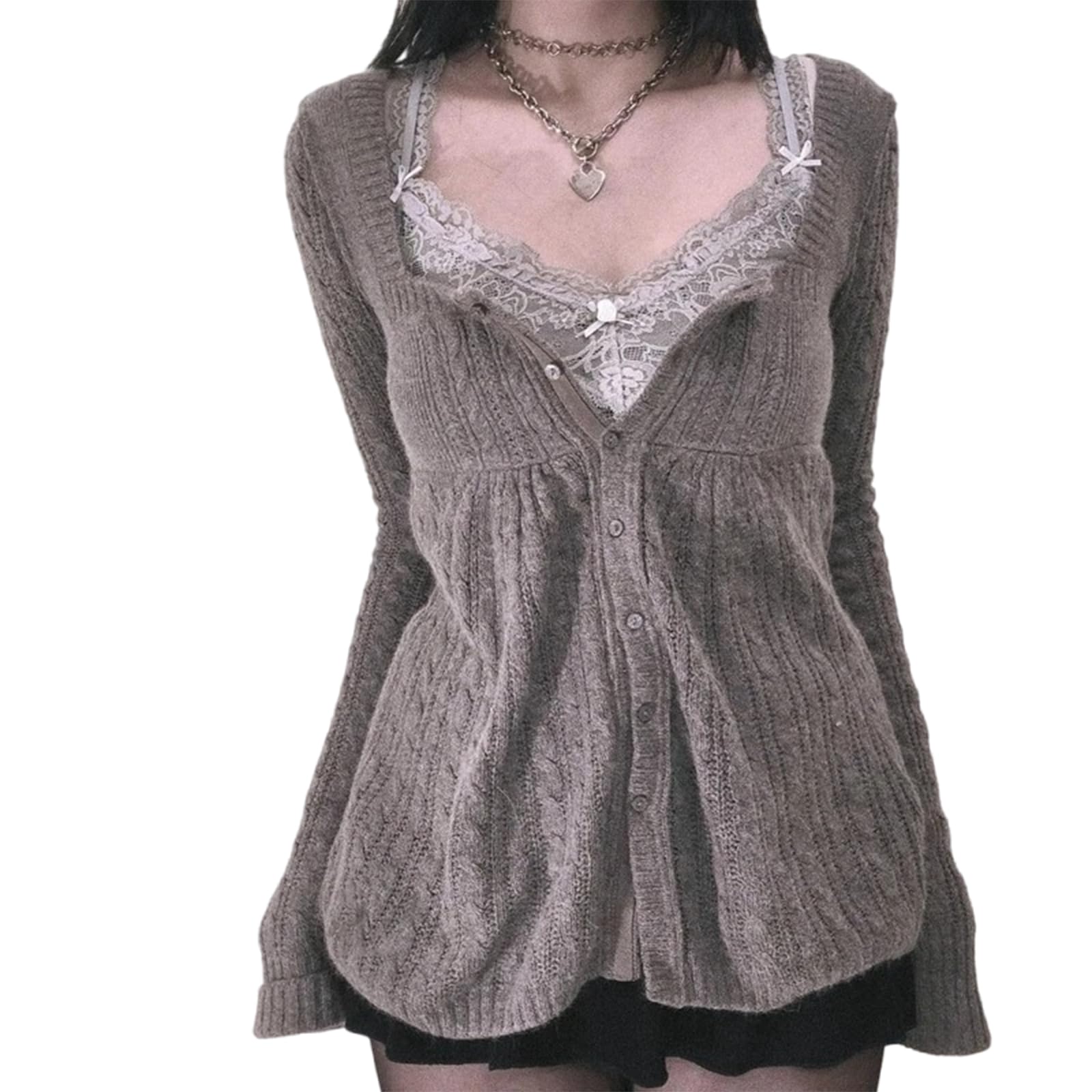 Womens Y2K Sweetheart Neckline Cable Knit Sweater Button Up Cardigan Bodycon Cropped Pullover