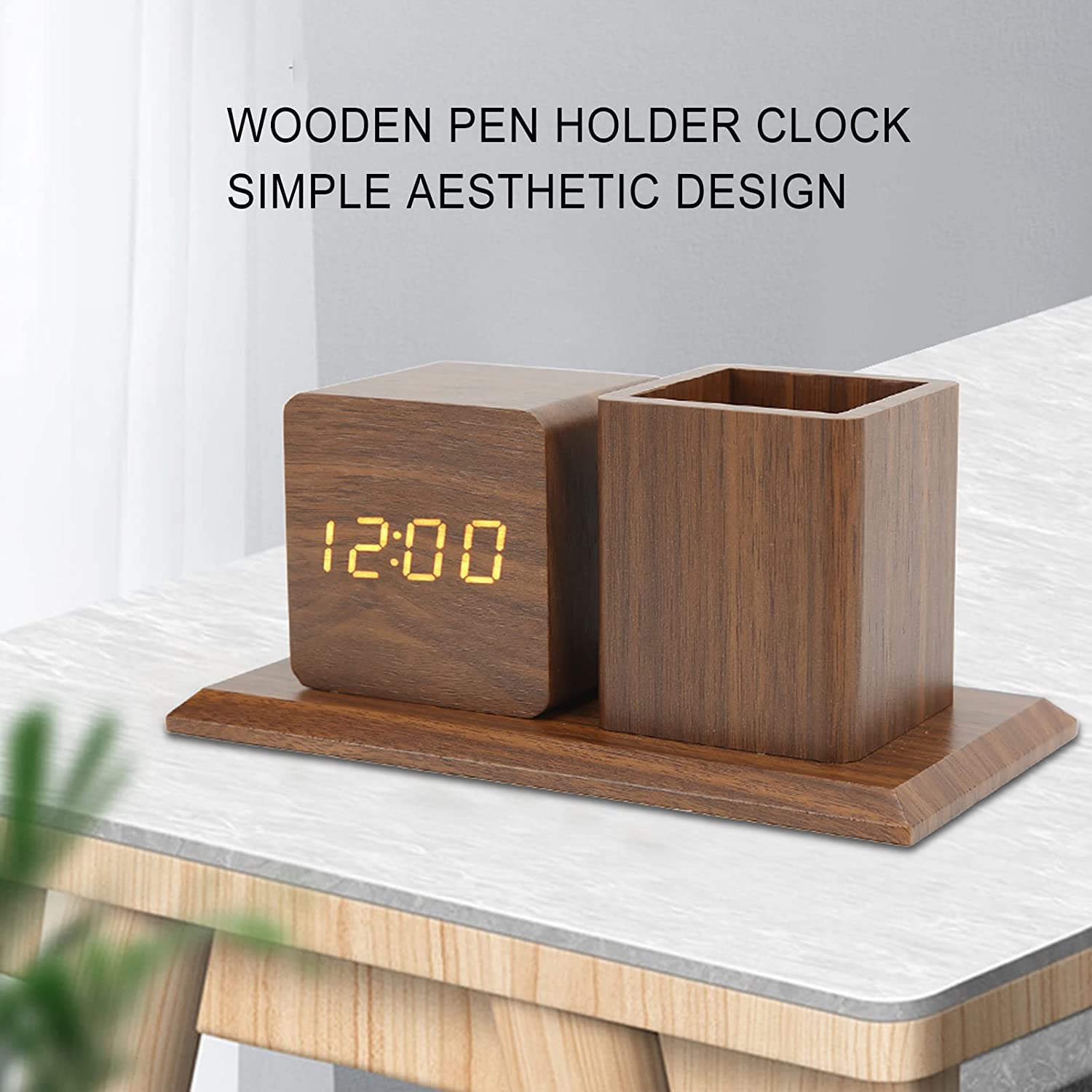 Horloge de Chevet Porte-Stylo en Bois Brun Horloge créative LED réveil numérique réveil Mini Horloge électronique Ornement Bureau Organisateur Crayon Tasse réveil numérique