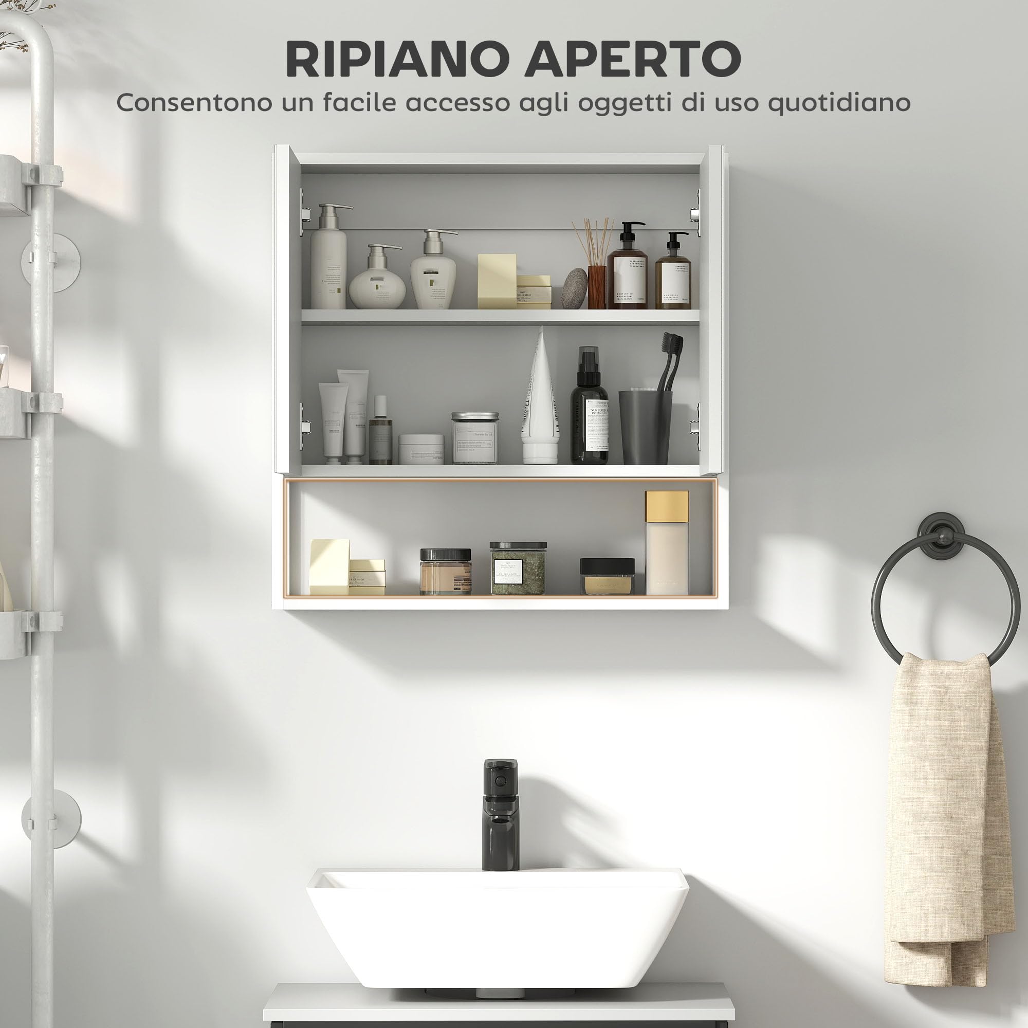 HOMCOM Specchio Bagno Contenitore a Parete con Soft Close, Mobile Bagno con Specchio, Mensola Regolabile e Ripiano Aperto, Specchiera Bagno in Legno e Acciaio, 60x16x60 cm, Bianco