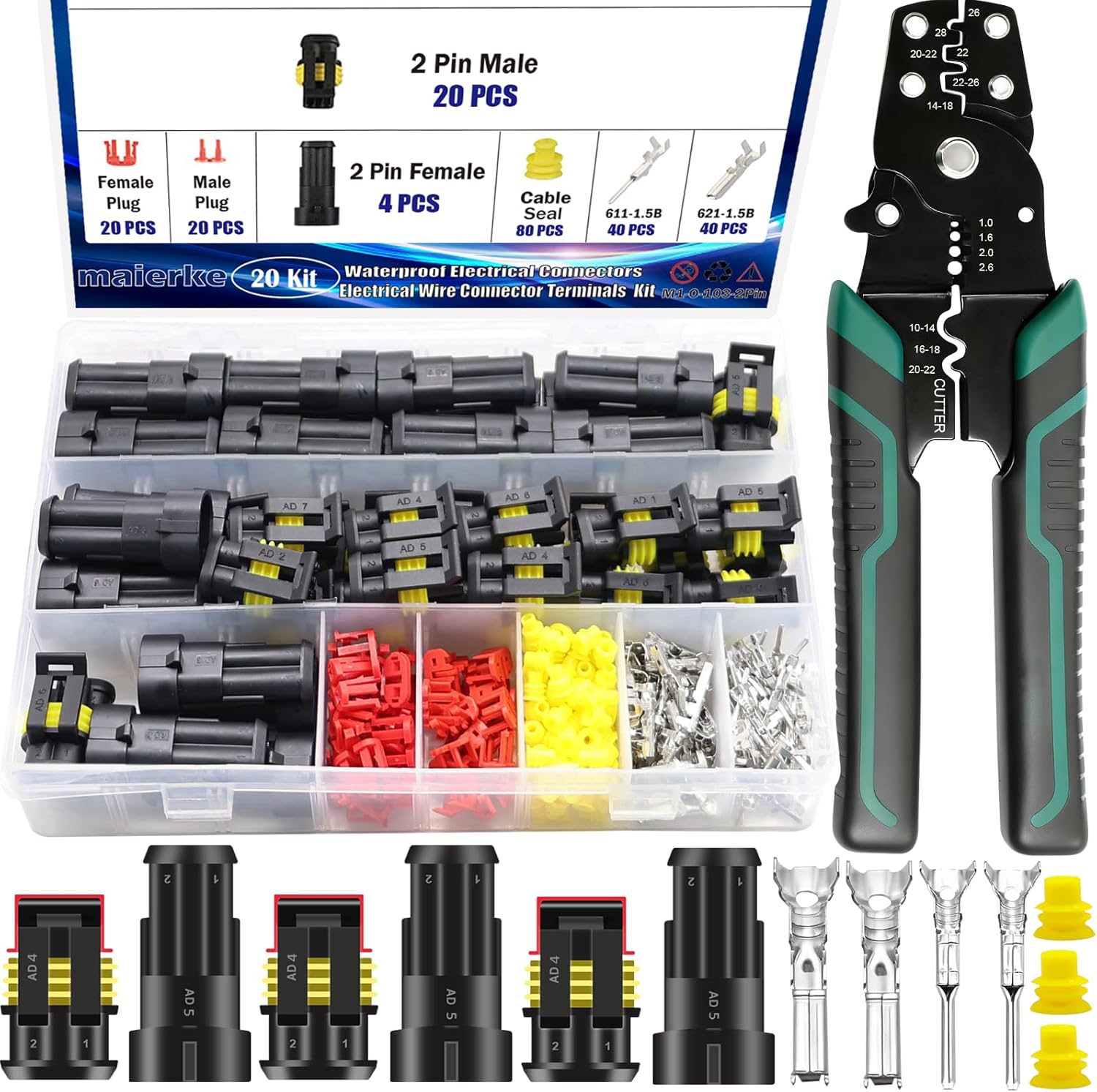 20 Pack 2 Pin Connector Automotive Electrical Automotive Replacement Ignition Plug Connectors 2 Wire Connector 16-22 AWG Quick Connect Waterproof Connector