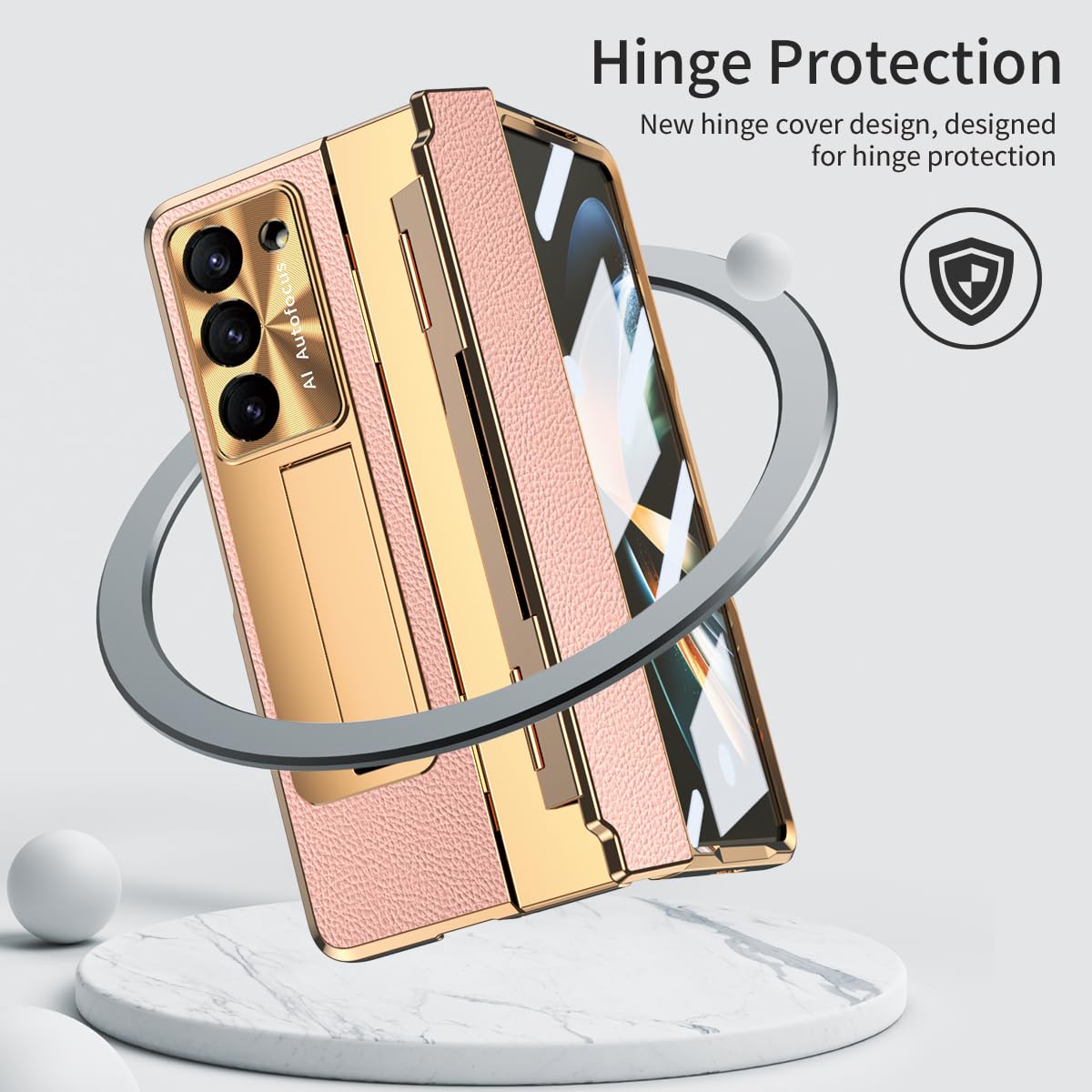 BRAND SET Etui do Samsung Galaxy Z Fold6 z wbudowaną folią ochronną, podstawką, ochroną zamków, bezprzewodowym ładowaniem, odpornym na wstrząsy PC, złoty-różowy